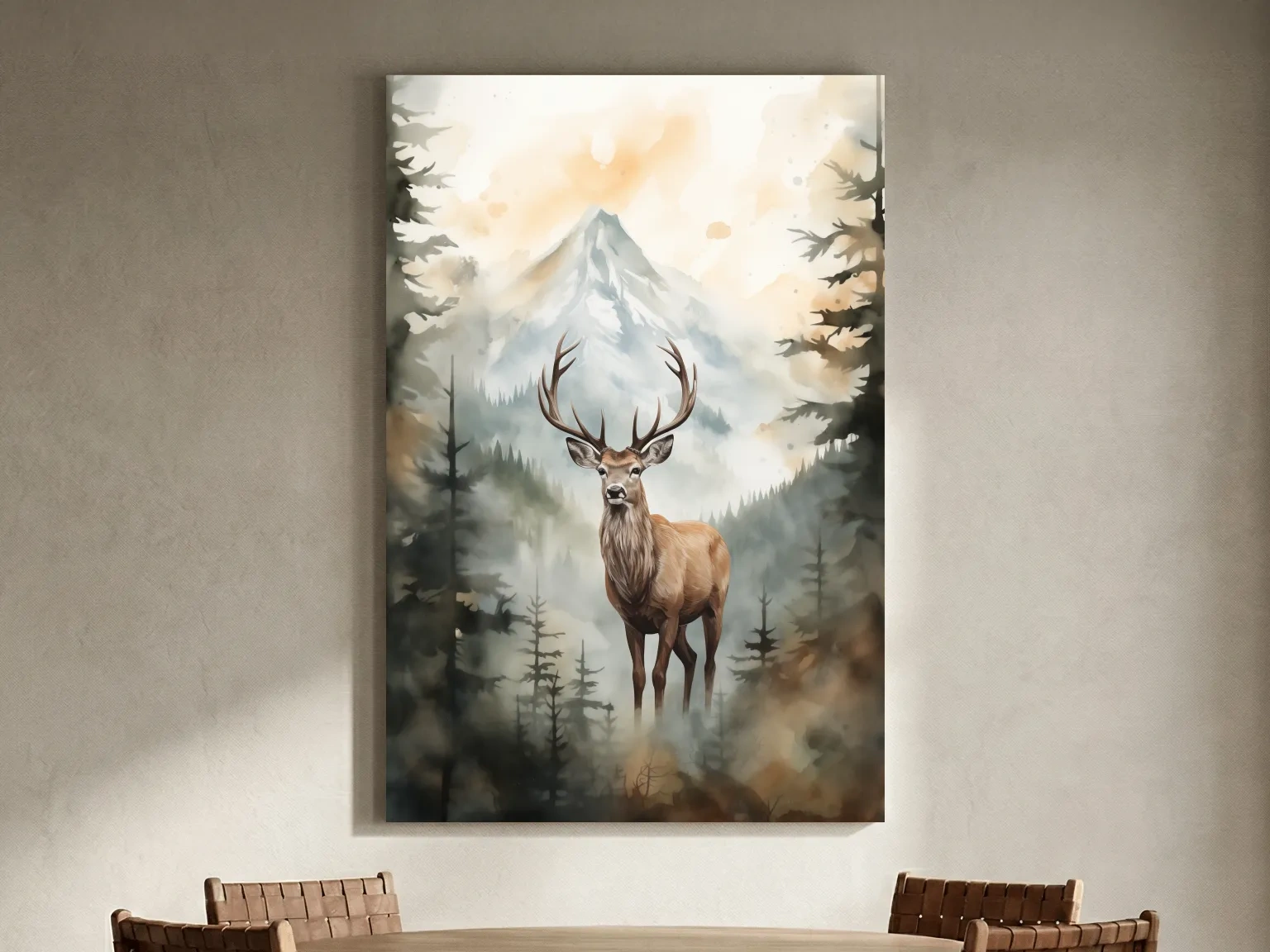 Watercolor Stag In Misty Mountain Forest - Serene Wildlife Wall Art