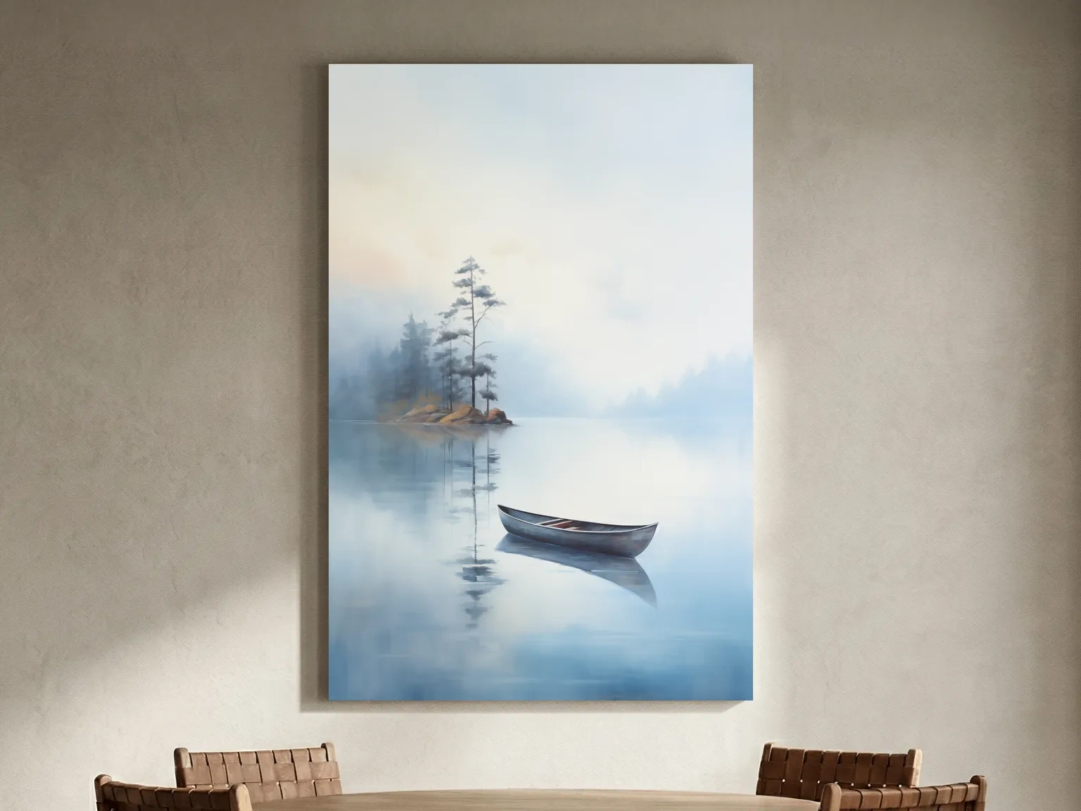 Misty Lake Canoe Painting - Serene Minimalist Watercolor Wall Art