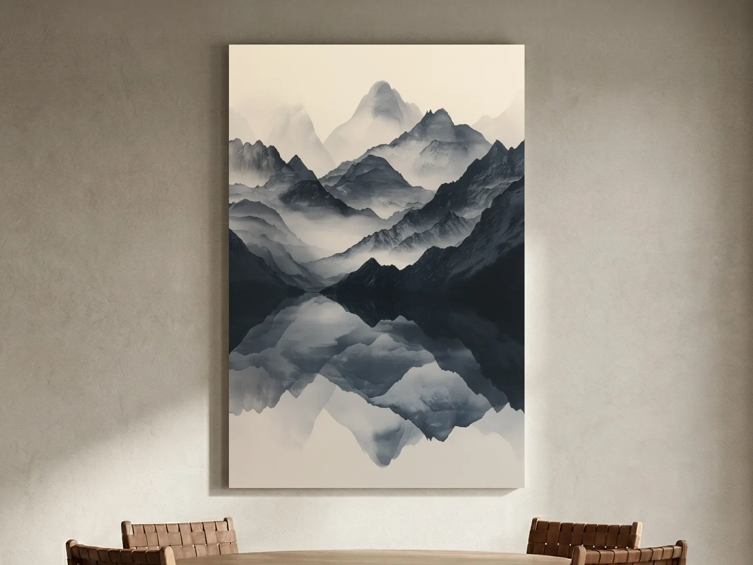 Monochrome Misty Mountain Reflection Landscape - Minimalist Japandi Wall Art