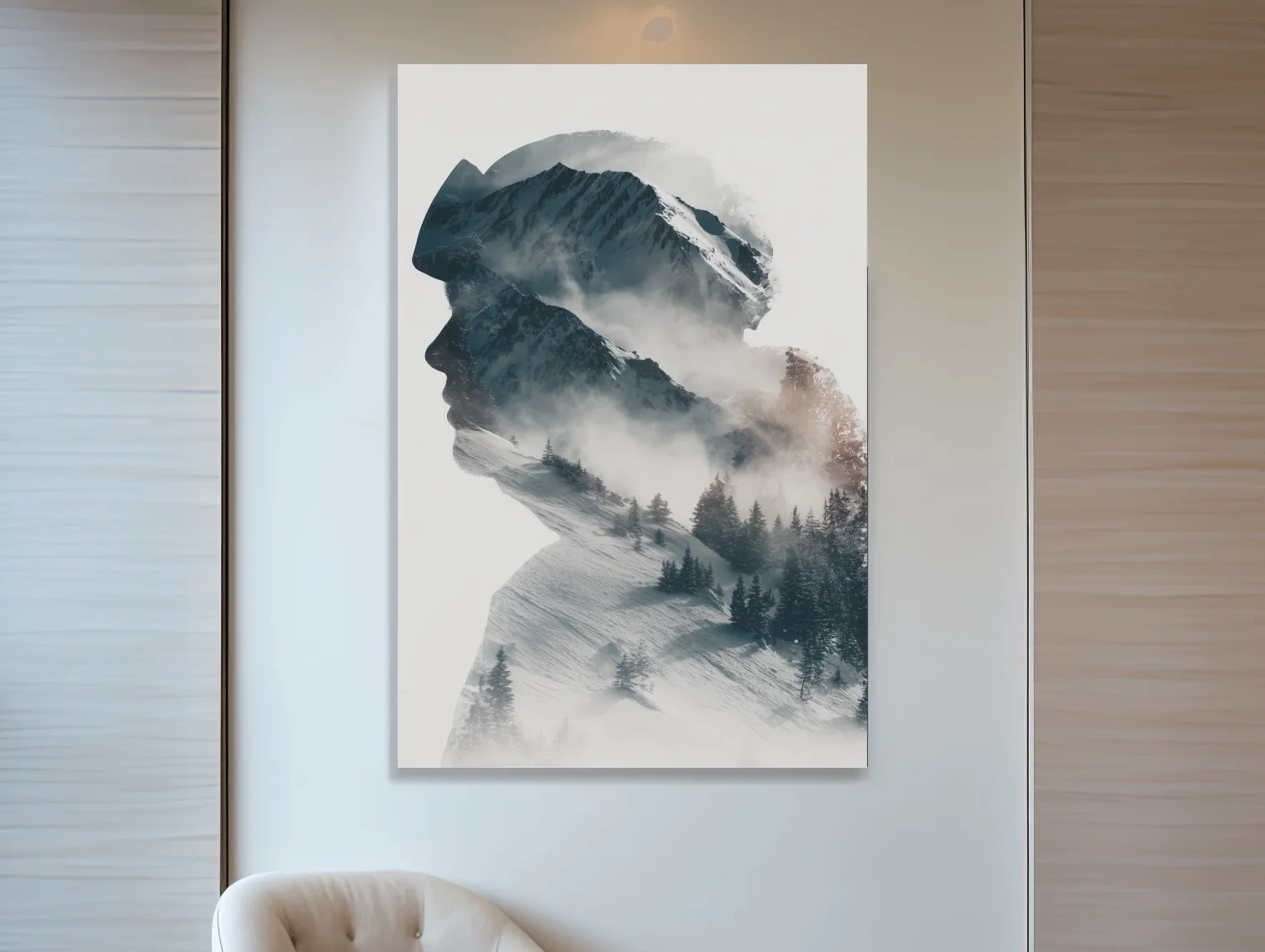 Surreal Double Exposure Skier & Mountain Portrait - Moody Misty Alpine Forest Wall Art