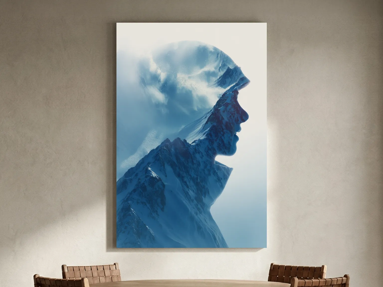 Double Exposure Mountain & Skier Portrait - Modern Snowy Alpine Wall Art
