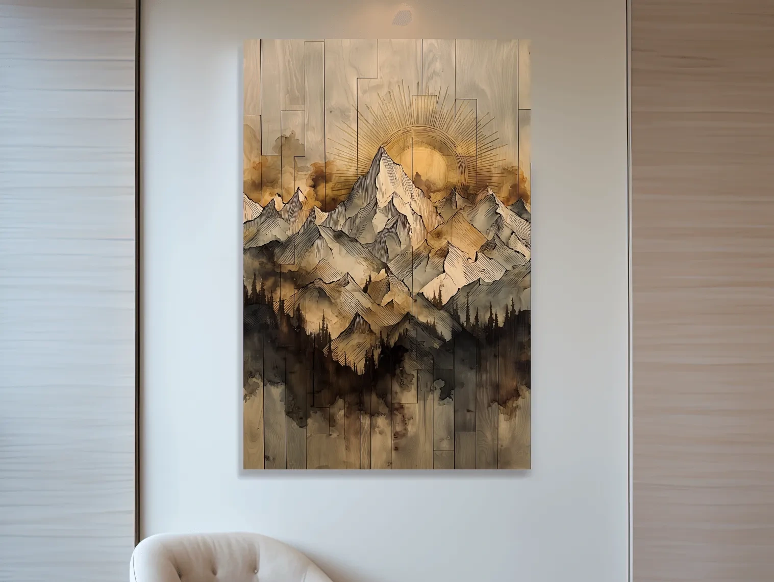 Rustic mountain peak artwork, sunlit layered wooden panel texture effect