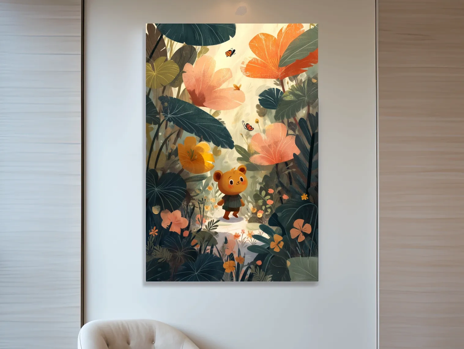 Cute bear in lush forest, whimsical children's wall art