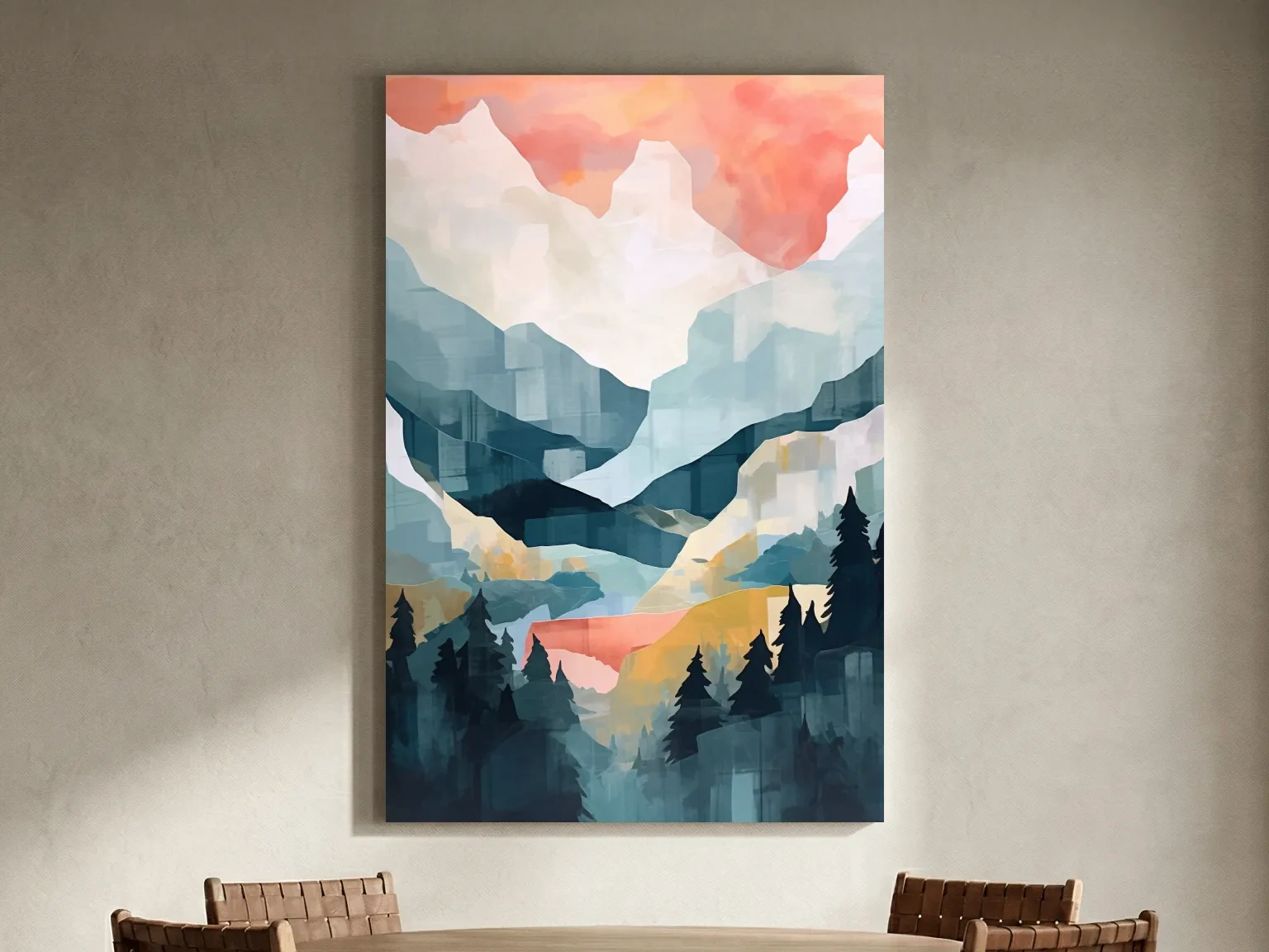 Abstract Watercolor Alpine Mountains At Sunrise - Modern Forest Landscape Artwork