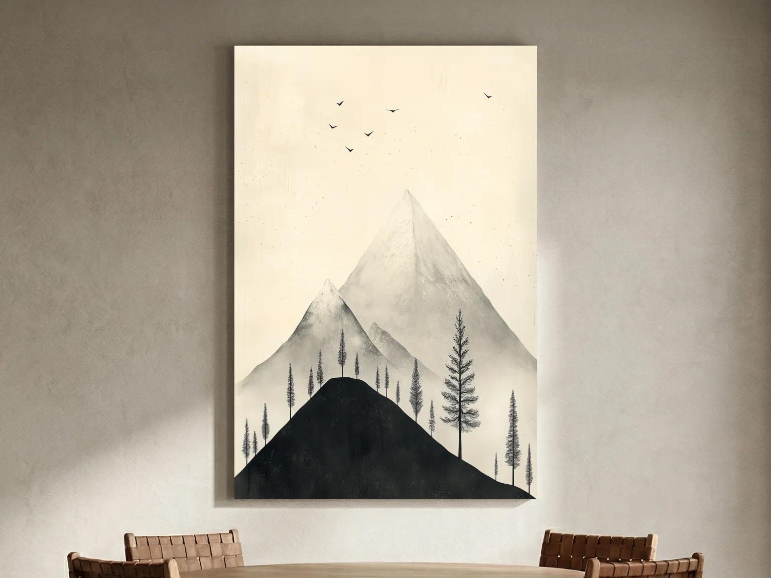 Minimalist Misty Mountain Peaks With Pine Trees - Monochrome Scandinavian Landscape Artwork