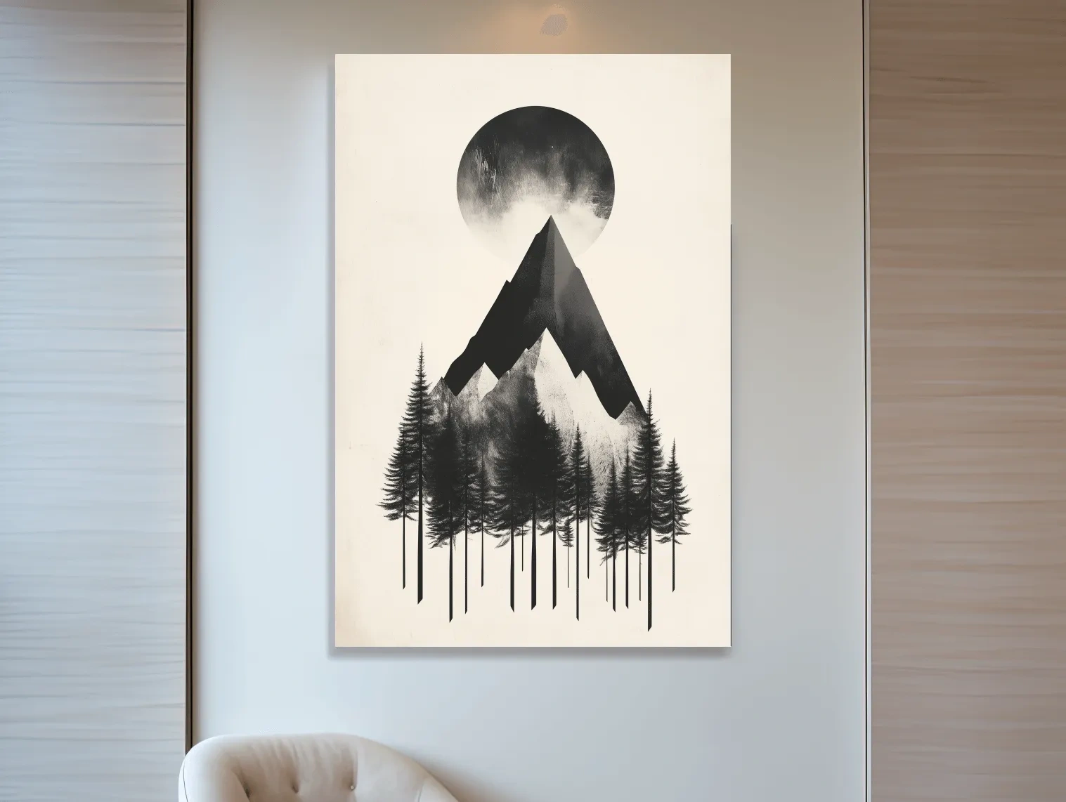 Minimalist Monochrome Mountain Peak & Pine Forest - Modern Scandinavian Style Wall Art