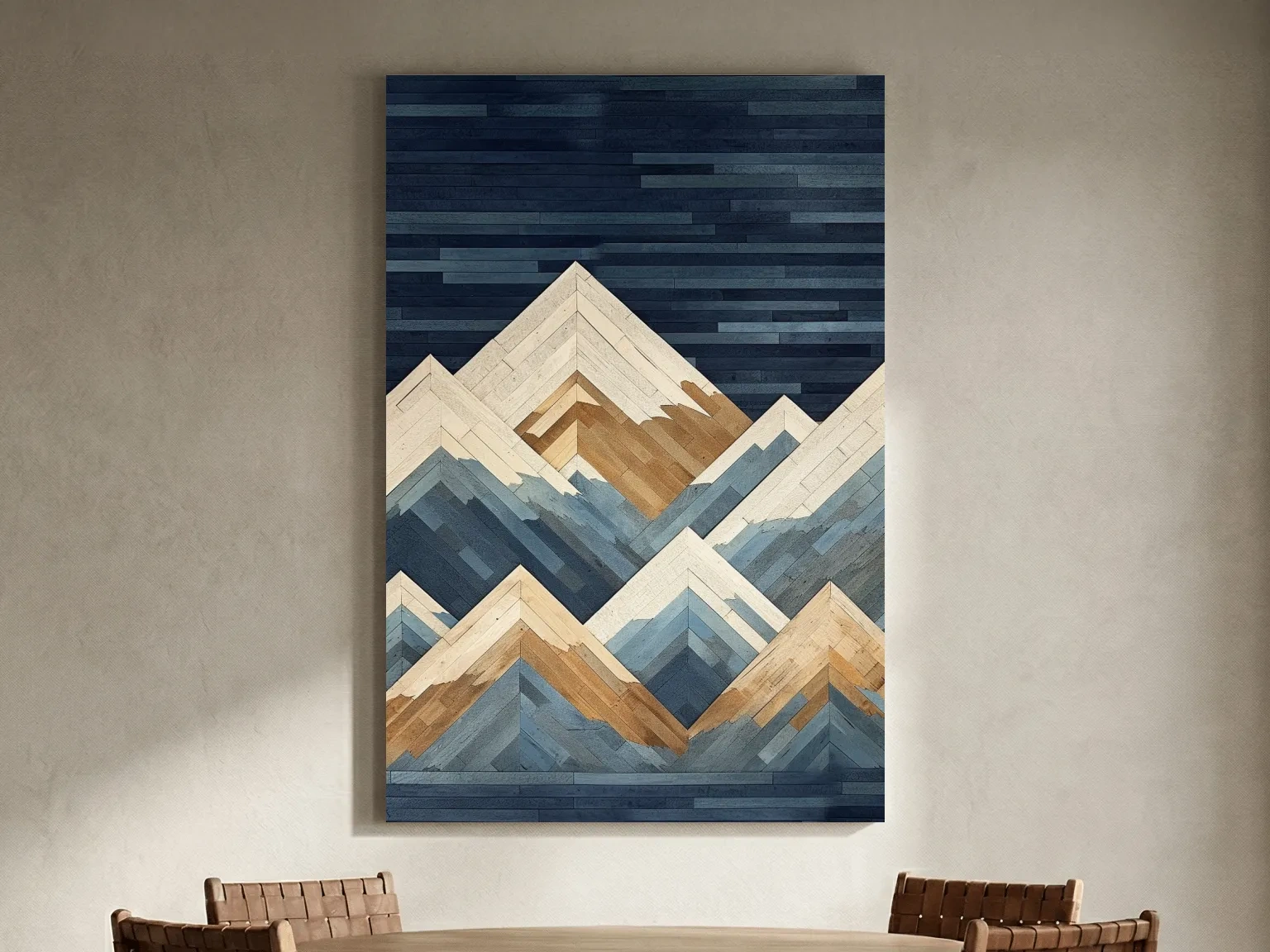 Geometric Layered Mountain Peaks - Wood Texture Landscape Wall Art