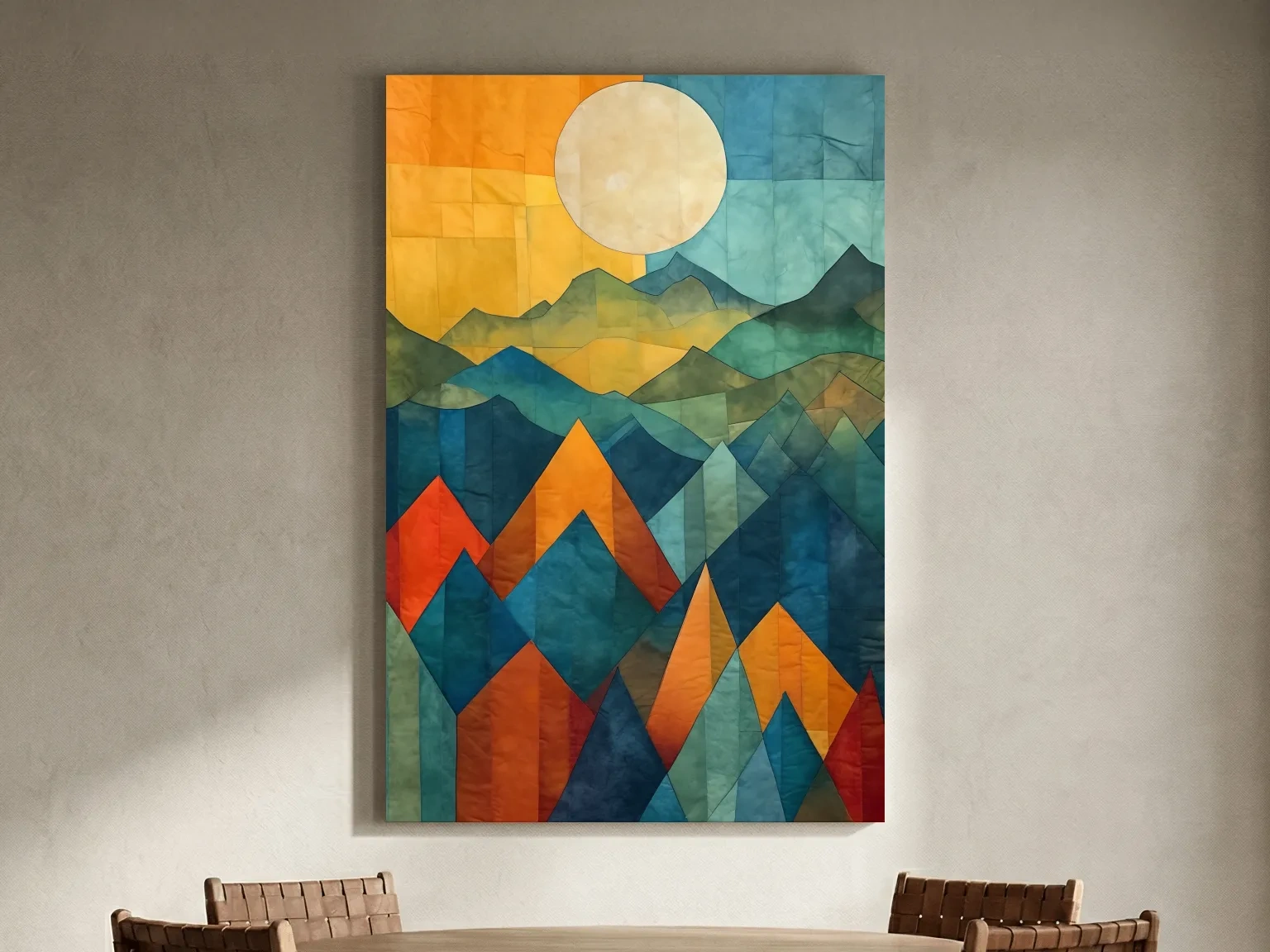 Geometric Patchwork Sunlit Mountain Range Painting - Colorful Abstract Alpine Wall Art