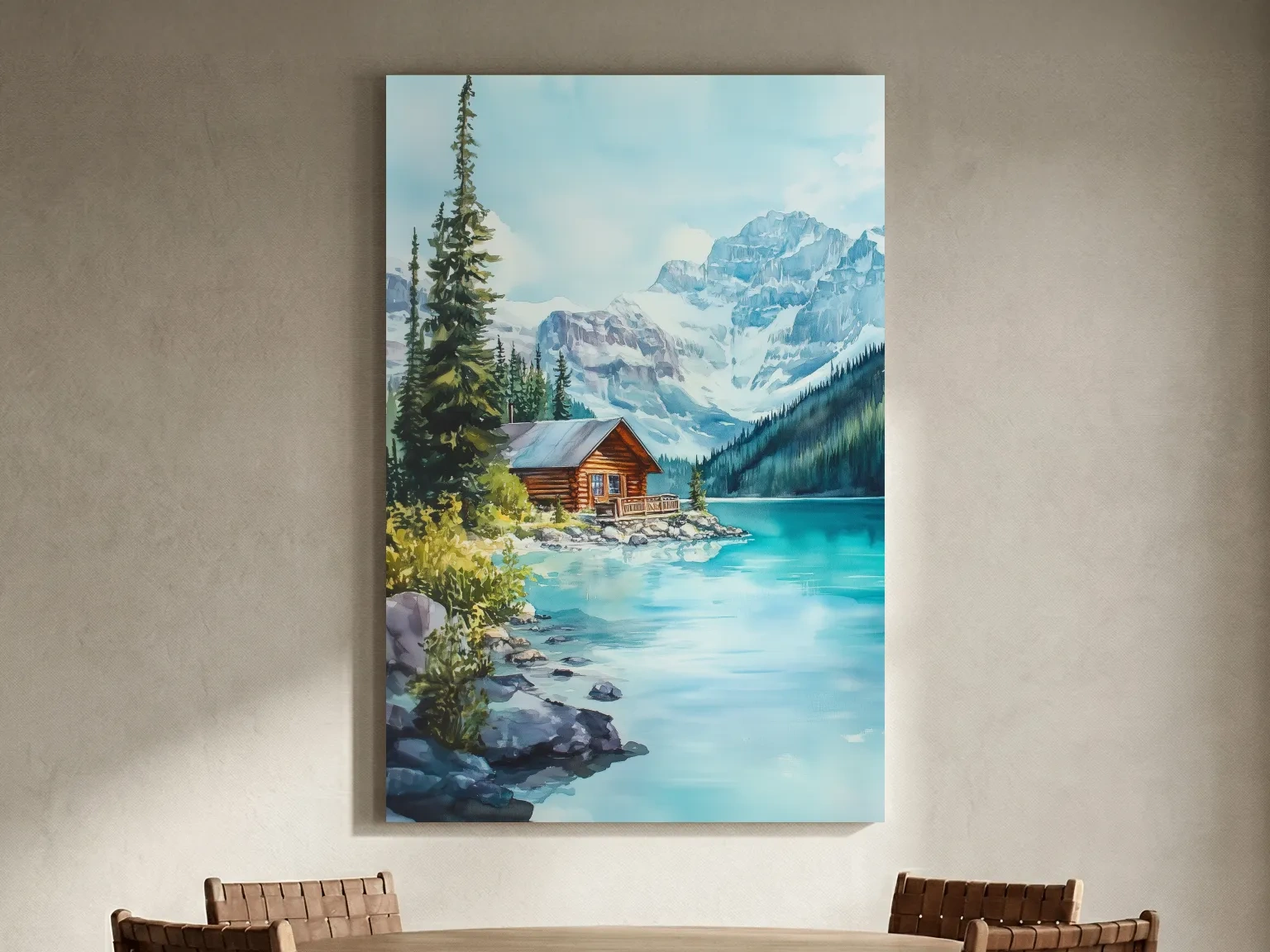 Turquoise Alpine Lake Cabin Watercolor - Serene Snowy Mountain Wall Art