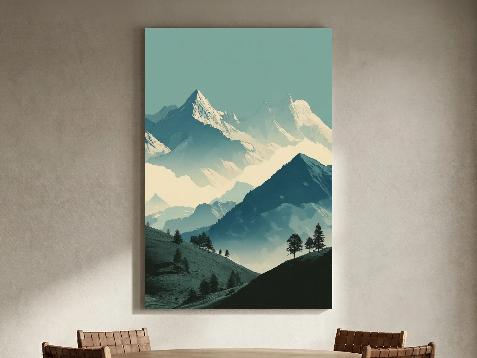 Misty Alpine Mountain Peaks Illustration - Serene Landscape Wall Art