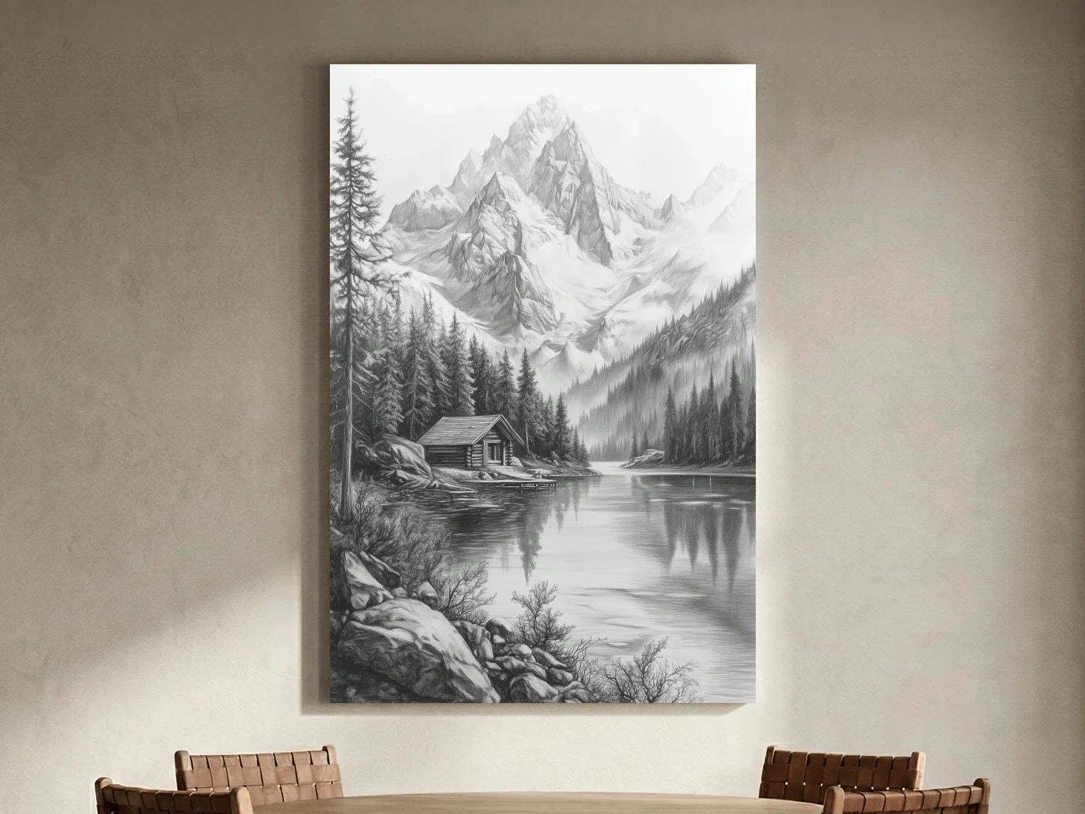 Monochrome Alpine Lake Cabin Sketch Art - Mountain Drawing Wall Art