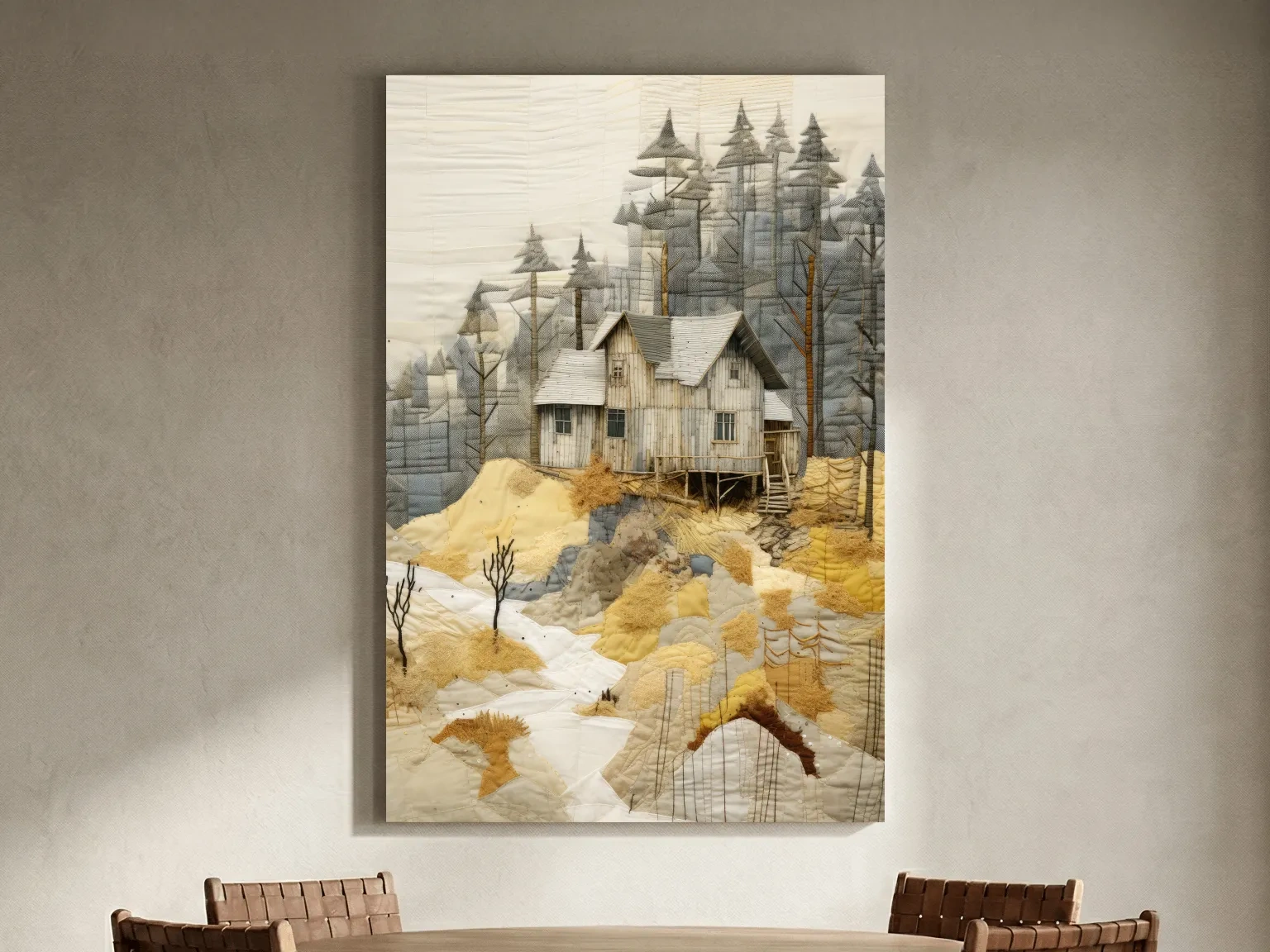 Rustic Woodland Cabin Landscape Quilt Art - Patchwork Style Mixed Media Wall Art