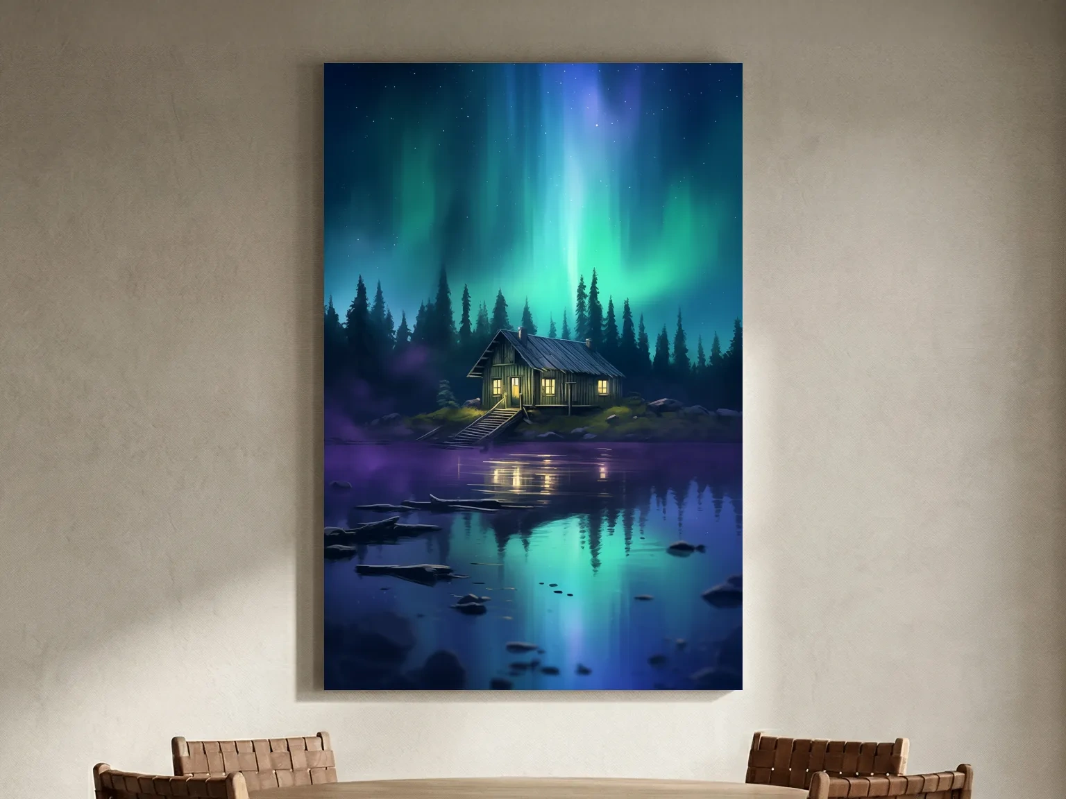 Vibrant Northern Lights Cabin Lake Painting - Aurora Borealis Night Wall Art