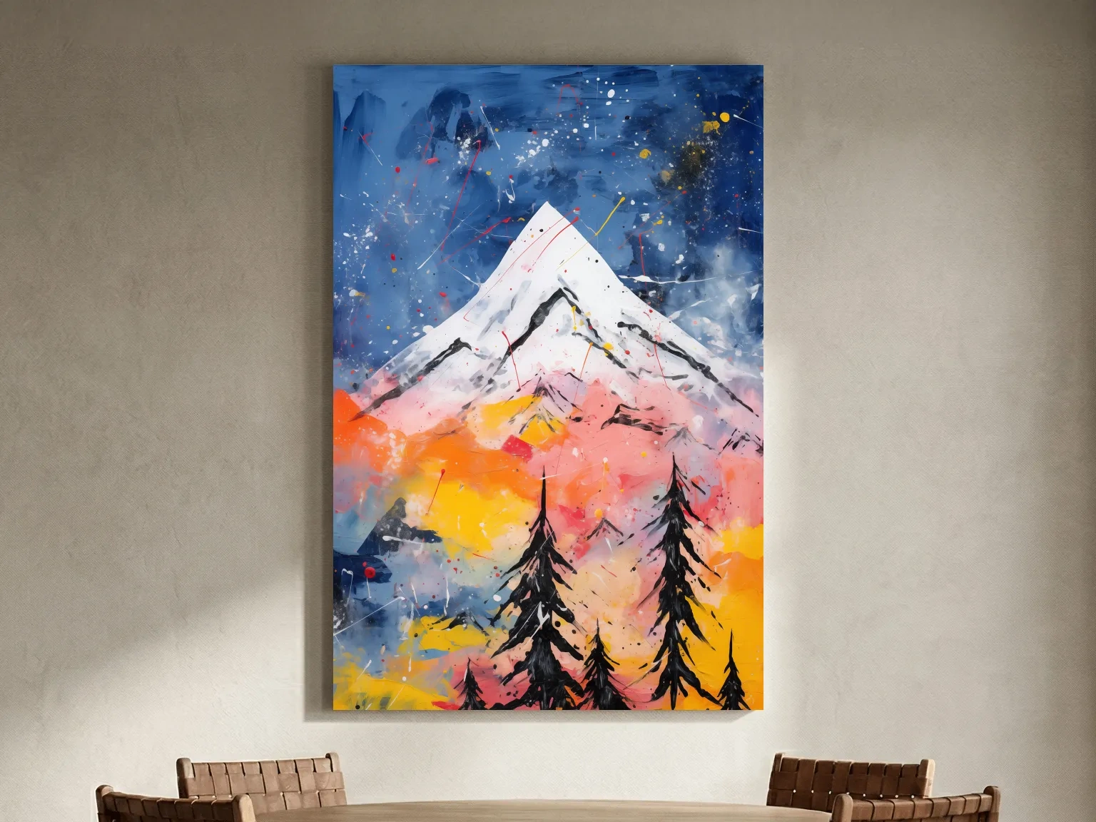 Vibrant Abstract Mountain Peak Sunset Painting - Colorful Acrylic Splash Forest Wall Art