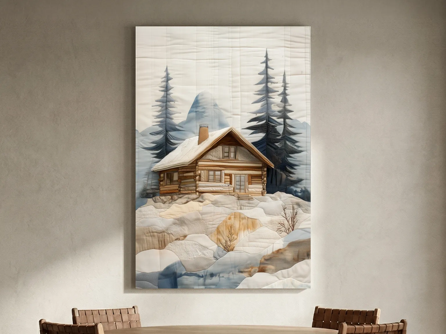 Rustic Winter Cabin In Snowy Pines - Textured Patchwork Fabric Effect Wall Art