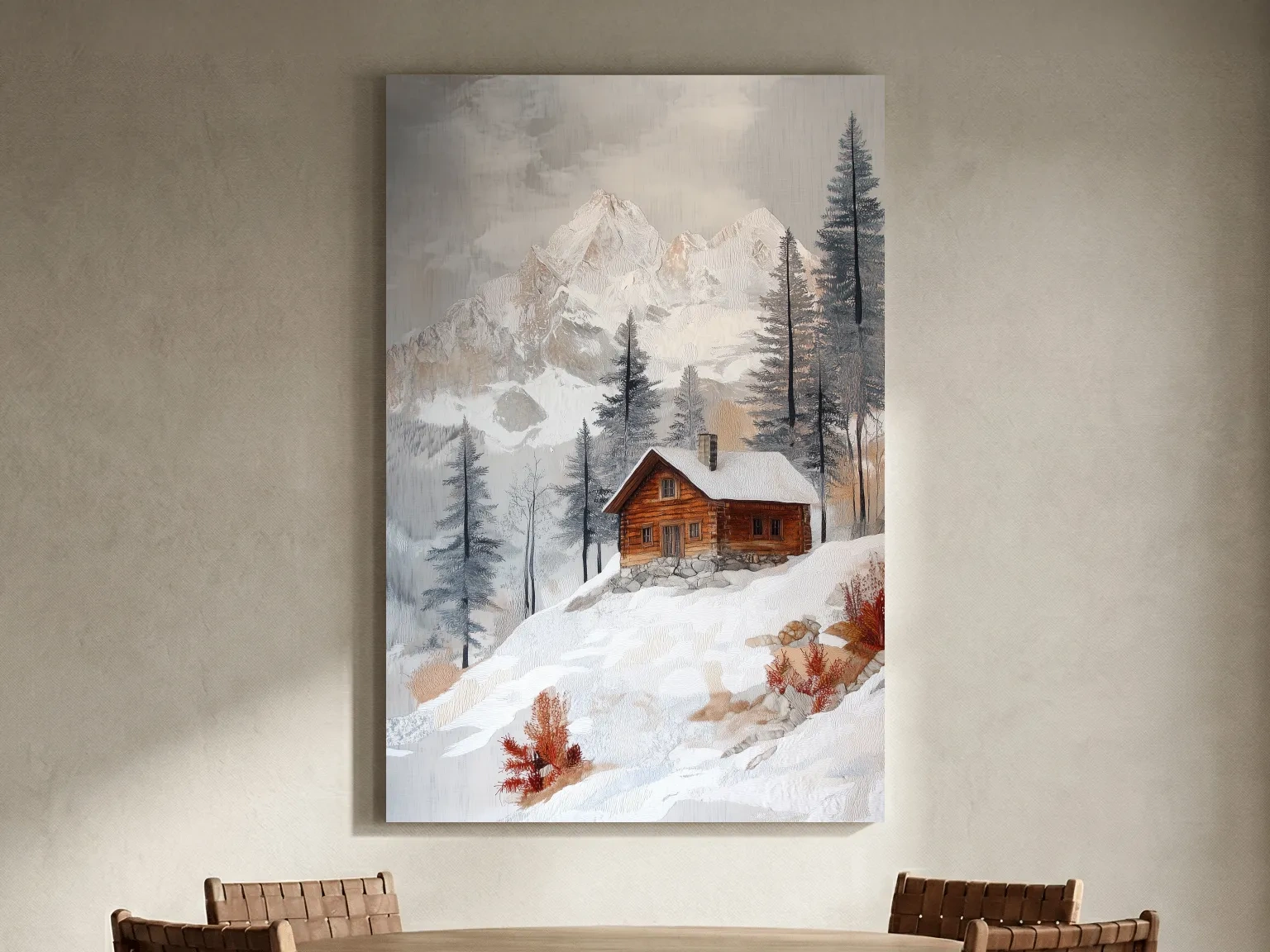 Snowy Mountain Cabin Landscape Painting - Rustic Winter Wilderness Wall Art