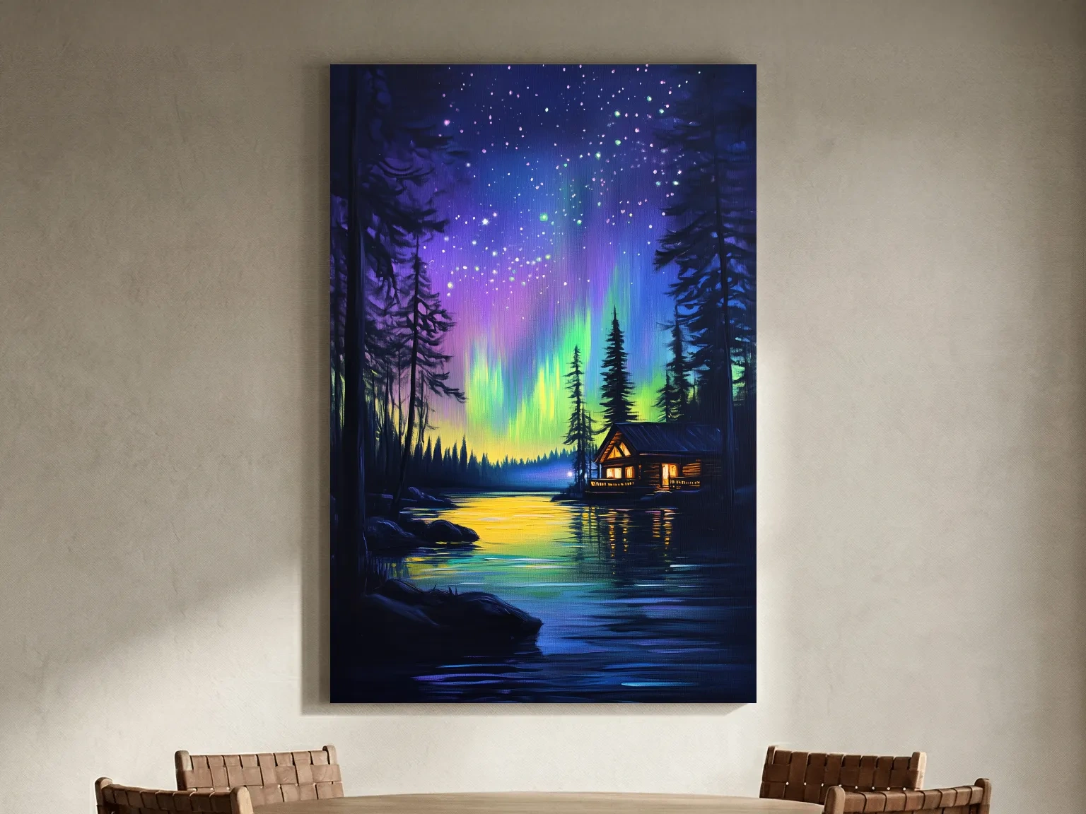 Vibrant Northern Lights Lakeside Cabin Painting - Aurora Borealis Night Landscape Wall Art
