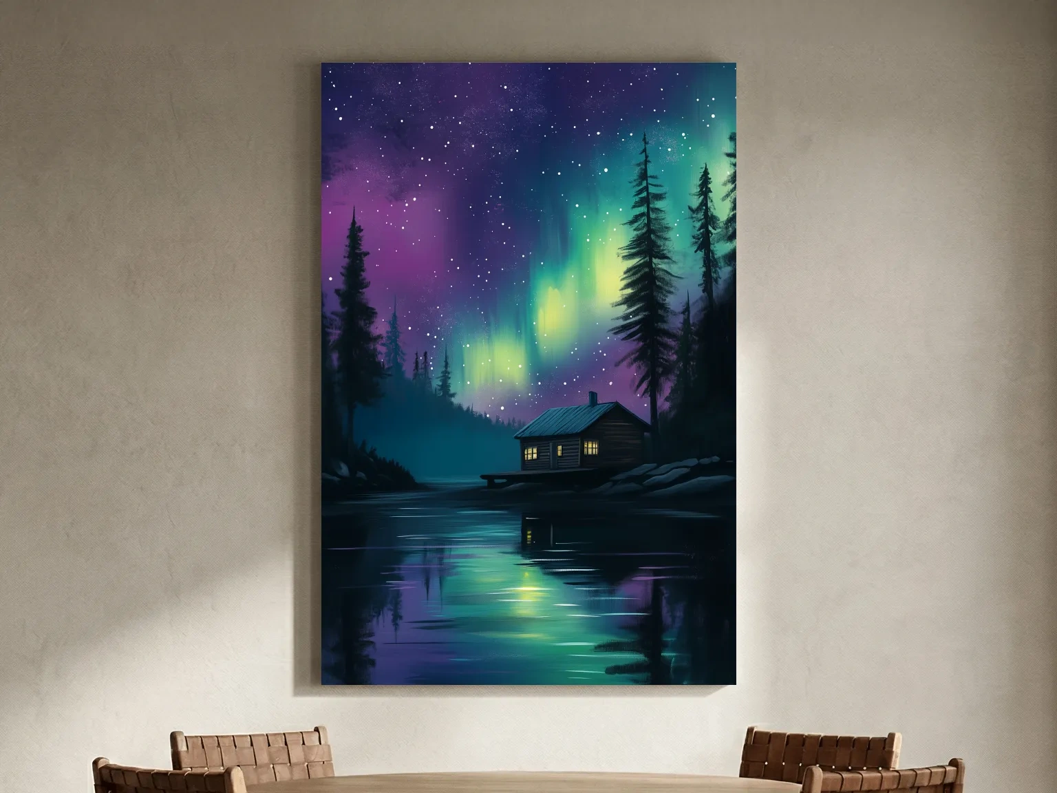 Aurora Borealis Lake Cabin Painting - Northern Lights Wall Art