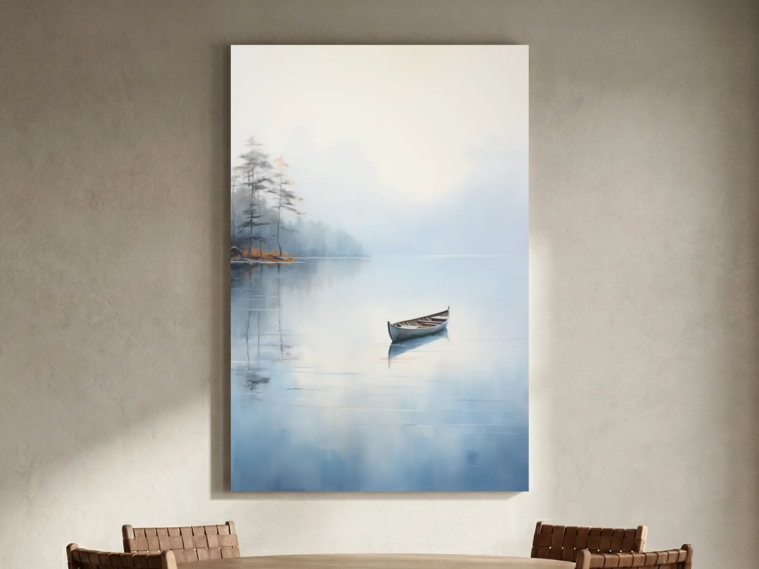 Misty Lake Canoe Reflection Painting - Serene Minimalist Waterscape Wall Art