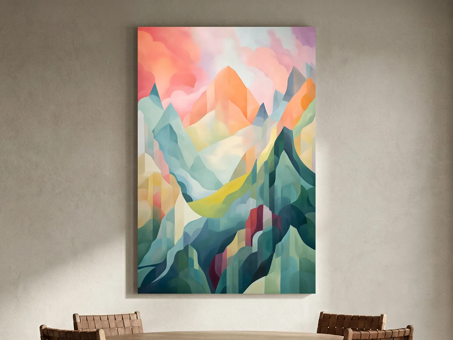 Vibrant Abstract Pastel Mountain Sunset - Geometric Watercolor Style Wall Art
