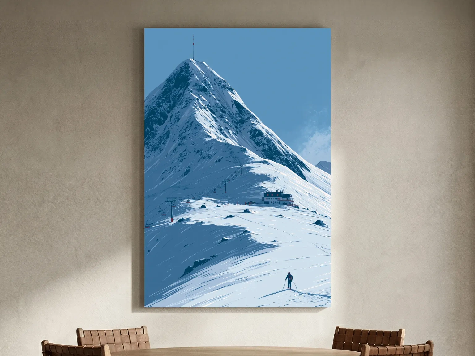 Alpine Mountain Skier Artwork - Minimalist Winter Landscape Wall Art