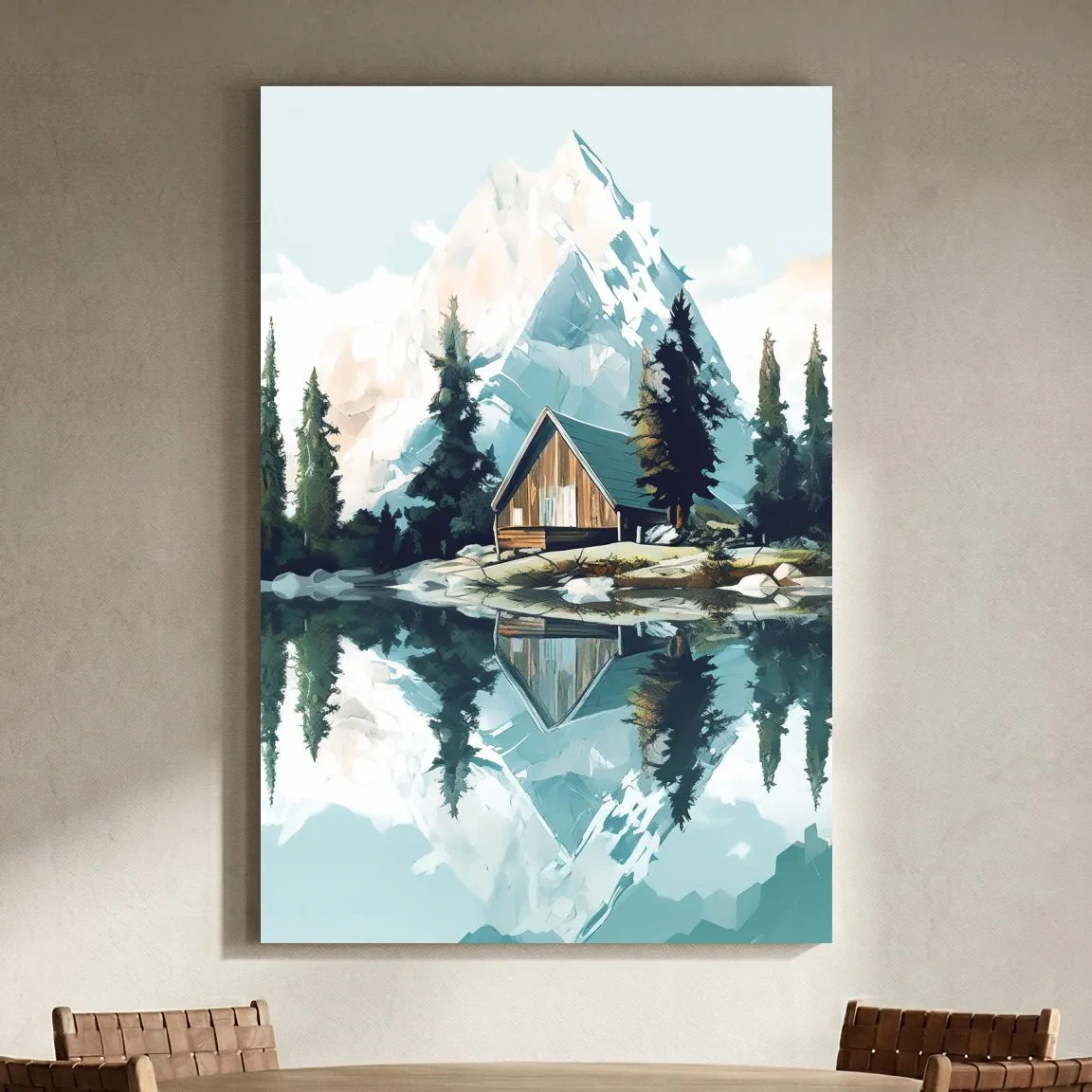 Serene Alpine Cabin Lake Painting - Mountain Landscape Wall Art