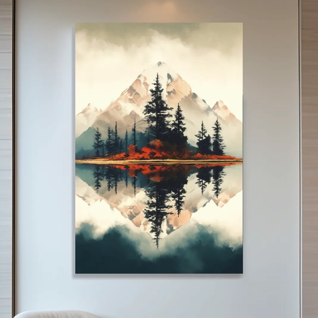 Minimal mountain art, trees by an alpine lake