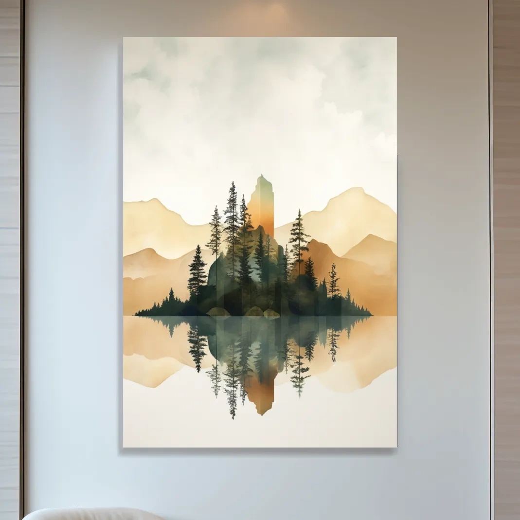 Alpine Mountain Lake Reflection Watercolor - Serene Pine Forest Wall Art