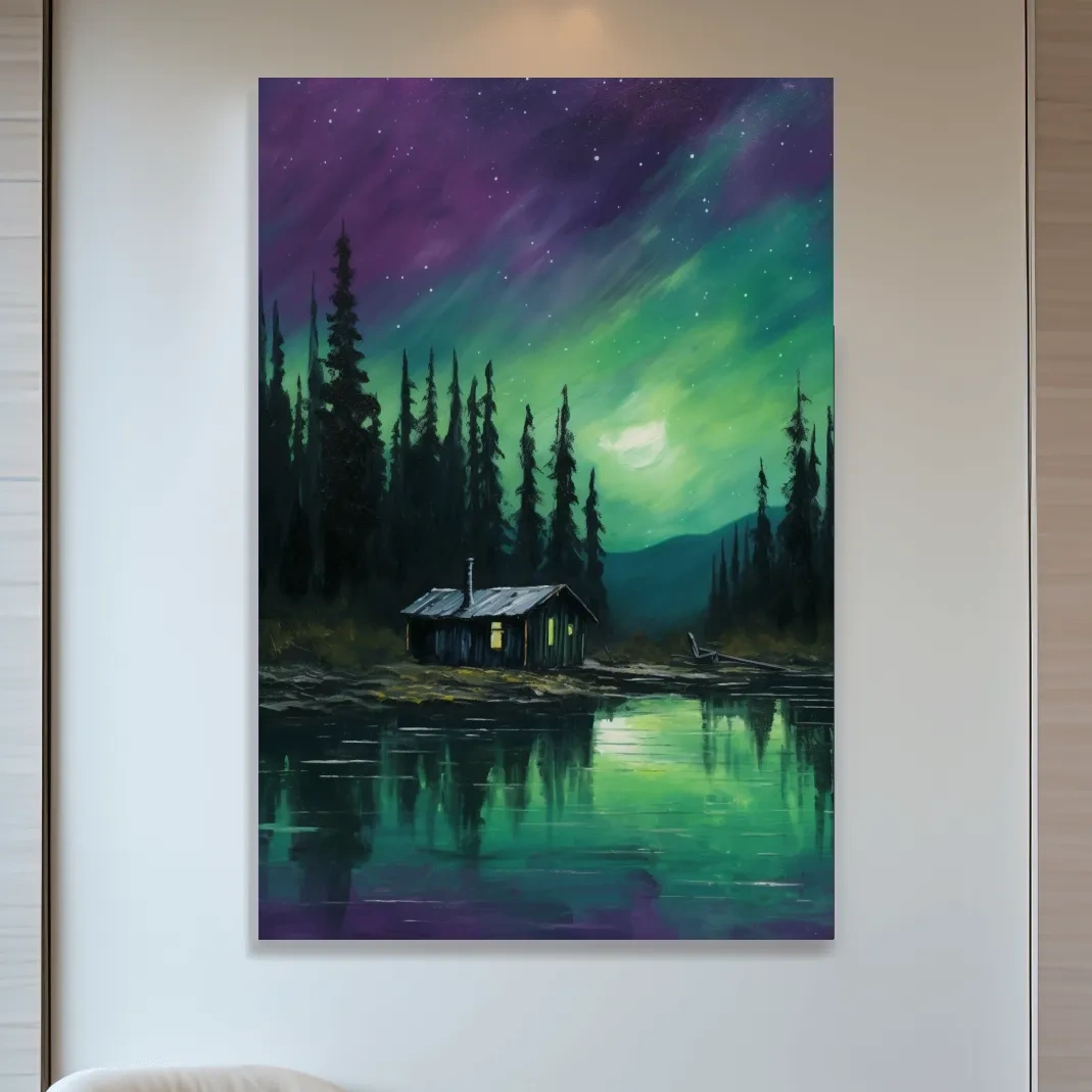 Painting of cabin by a lake under the northern lights night sky