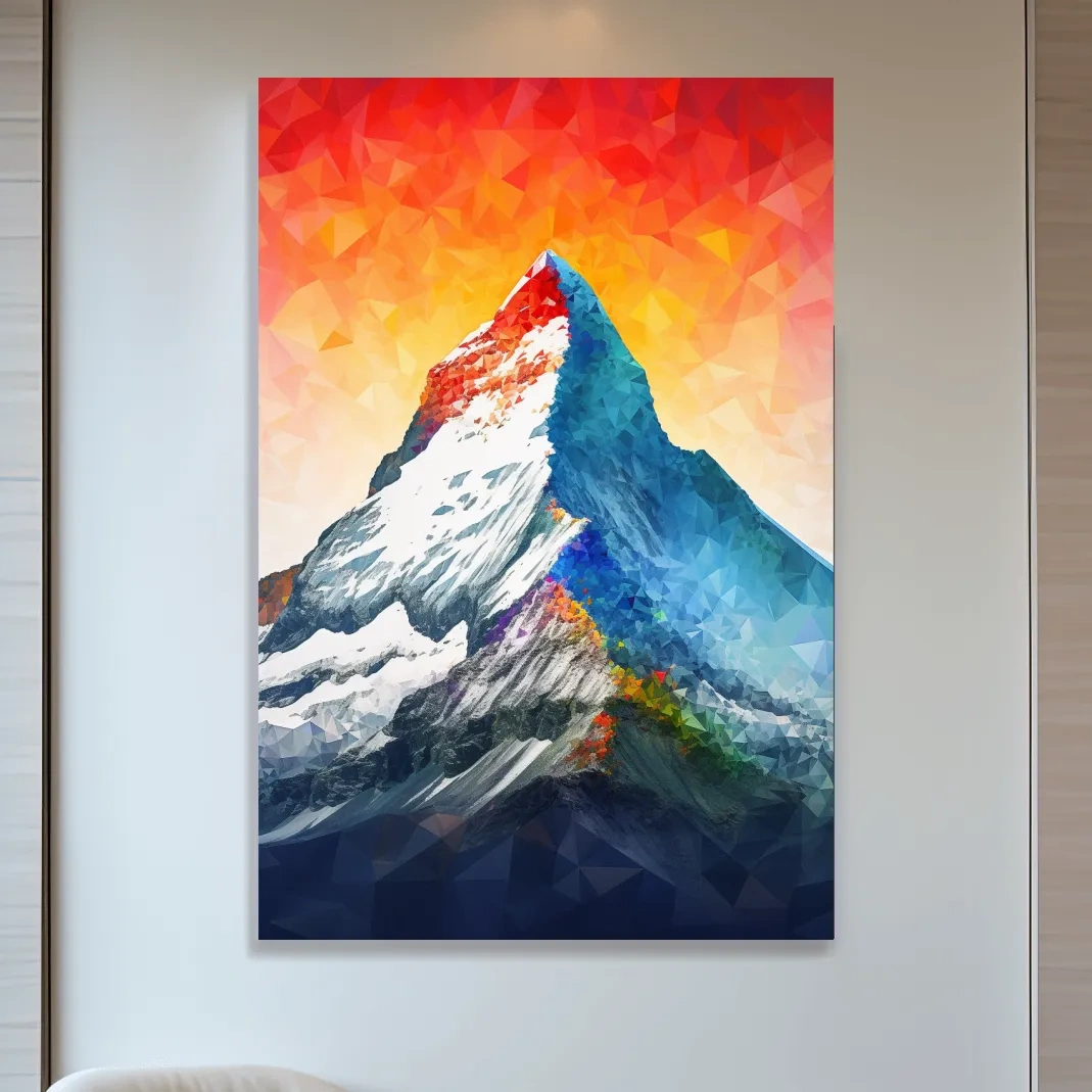 Vibrant abstract mountain painting, sunset over a glacier