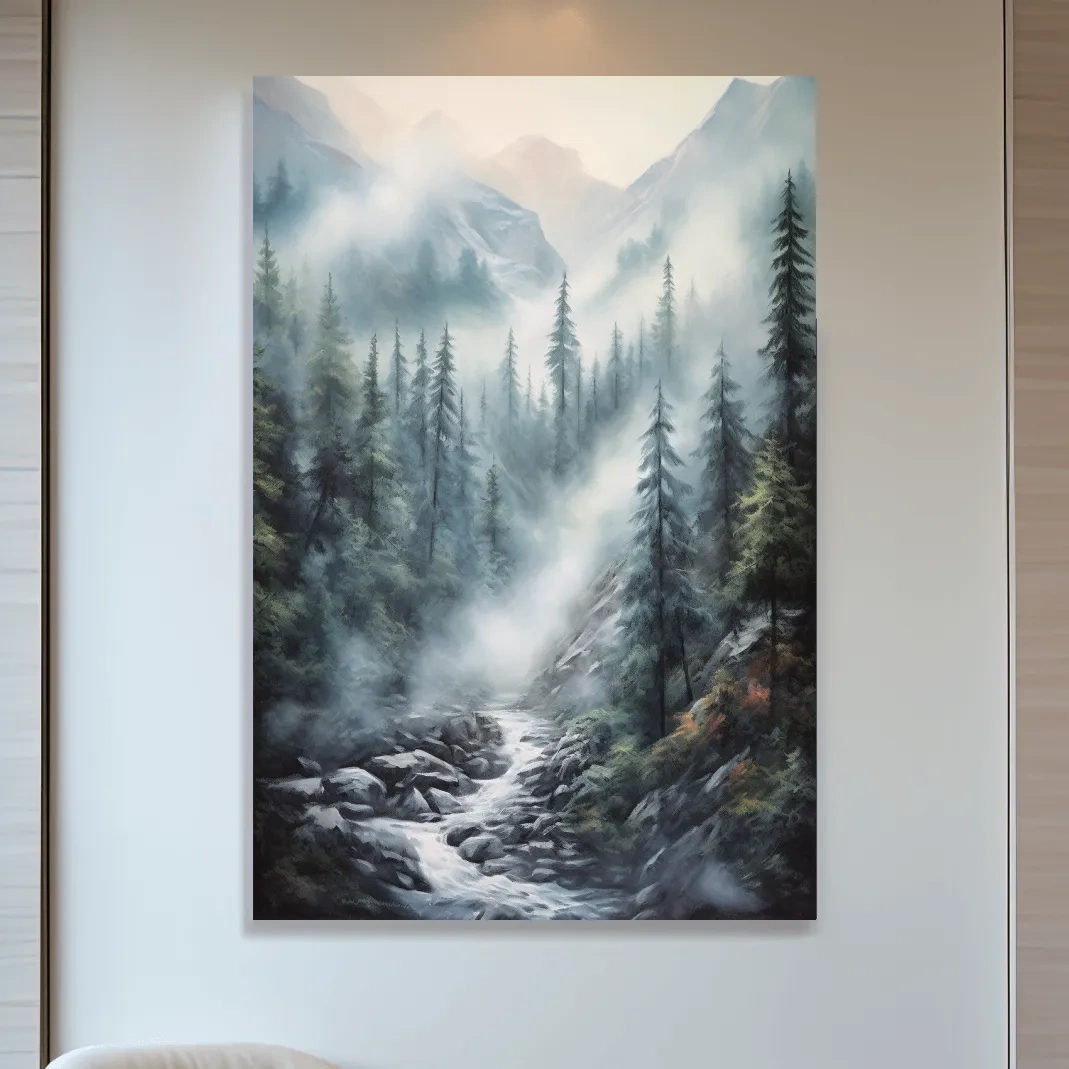Painting of a foggy forest mountain and river scene
