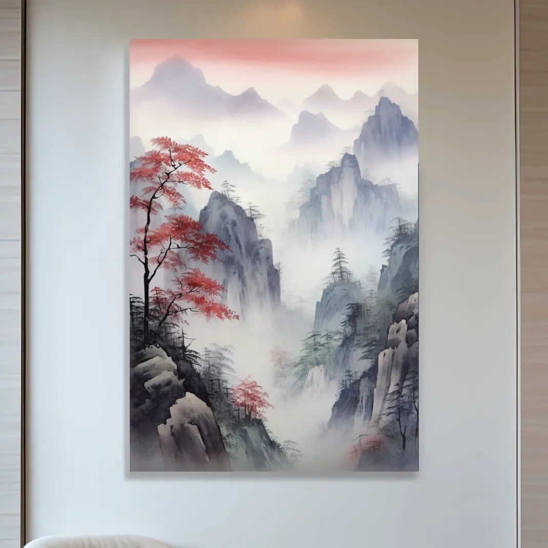 Chinese style ink wash watercolour painting of a foggy mountain scene