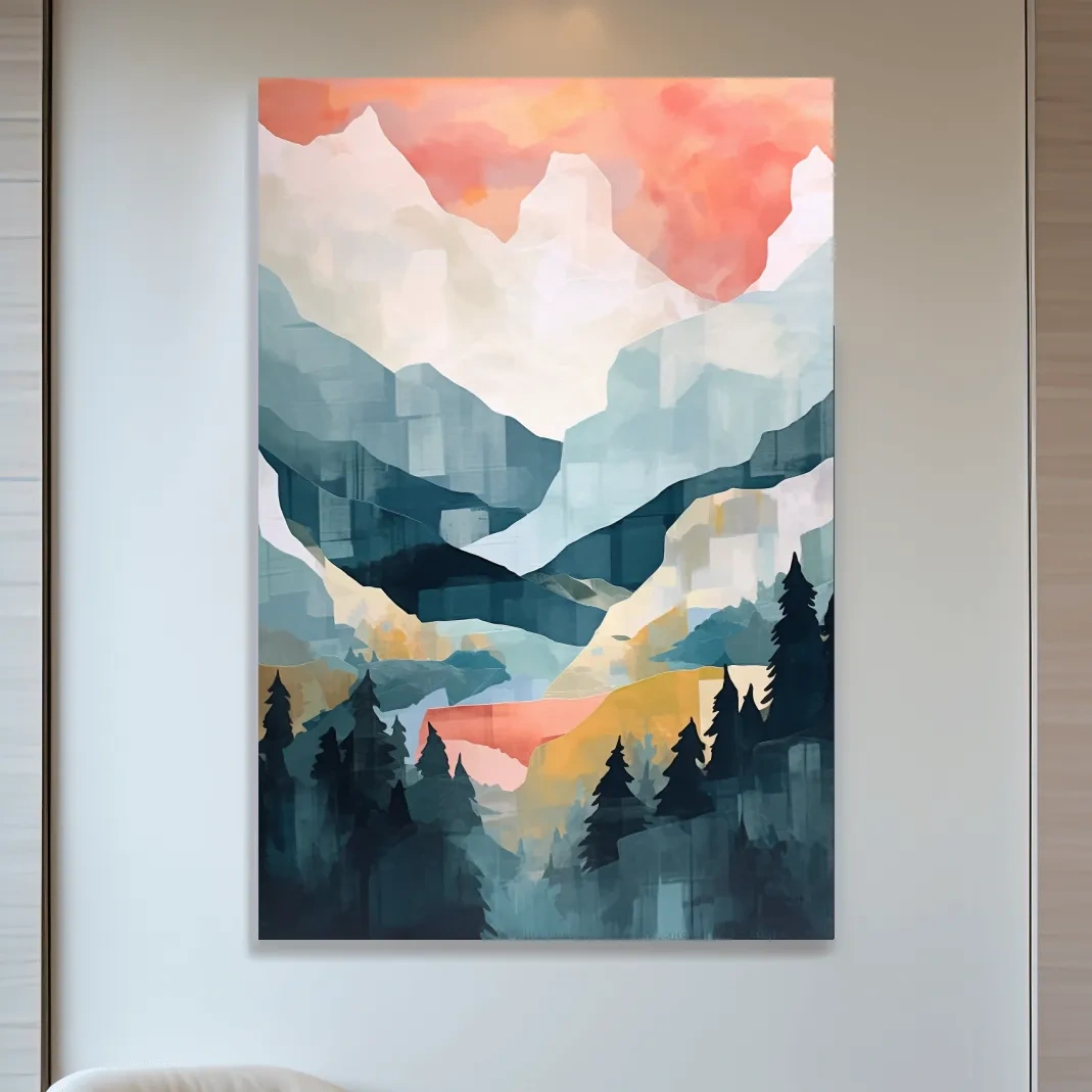 Abstract painting of alpine mountains and trees