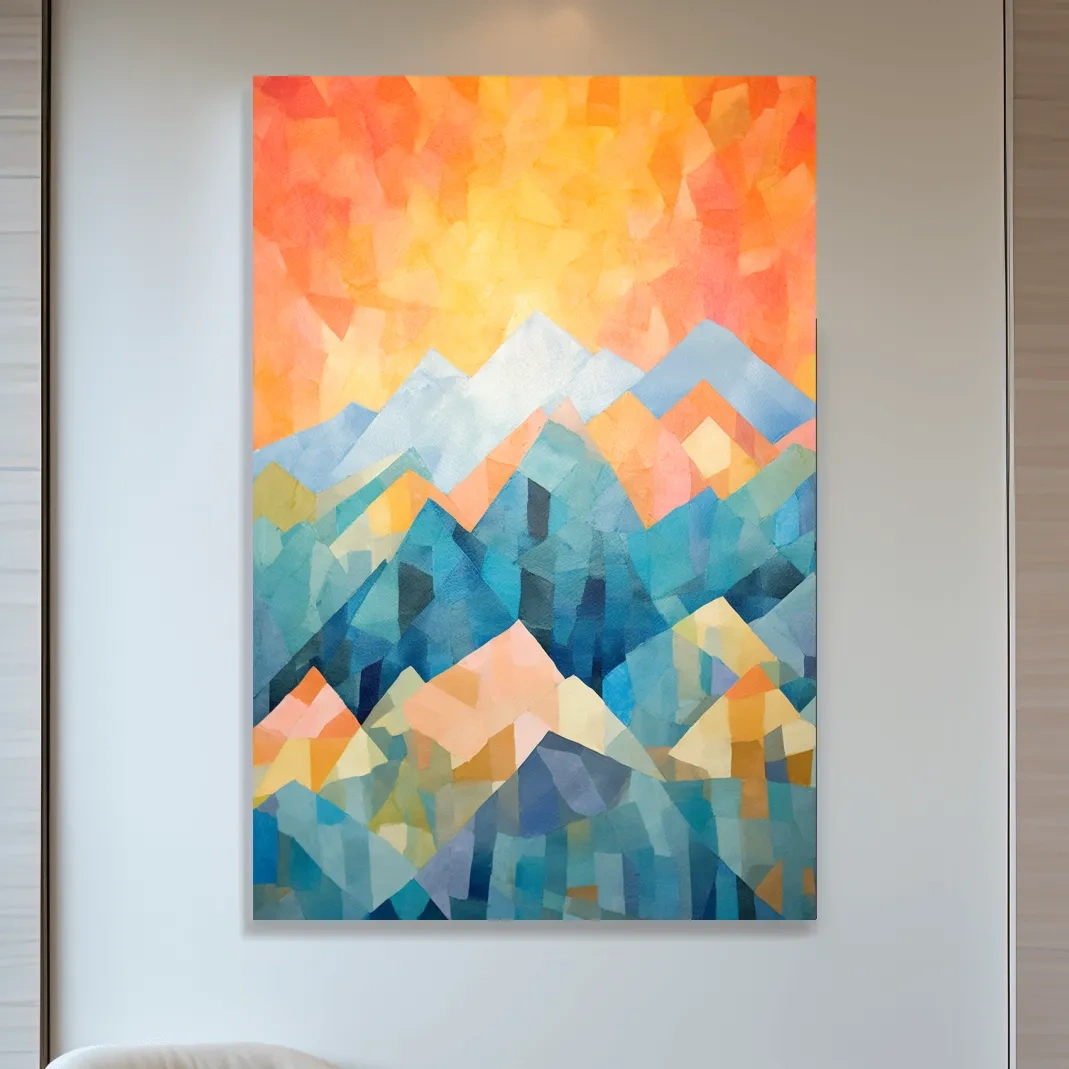 Abstract painting of a mountain scene at sunrise