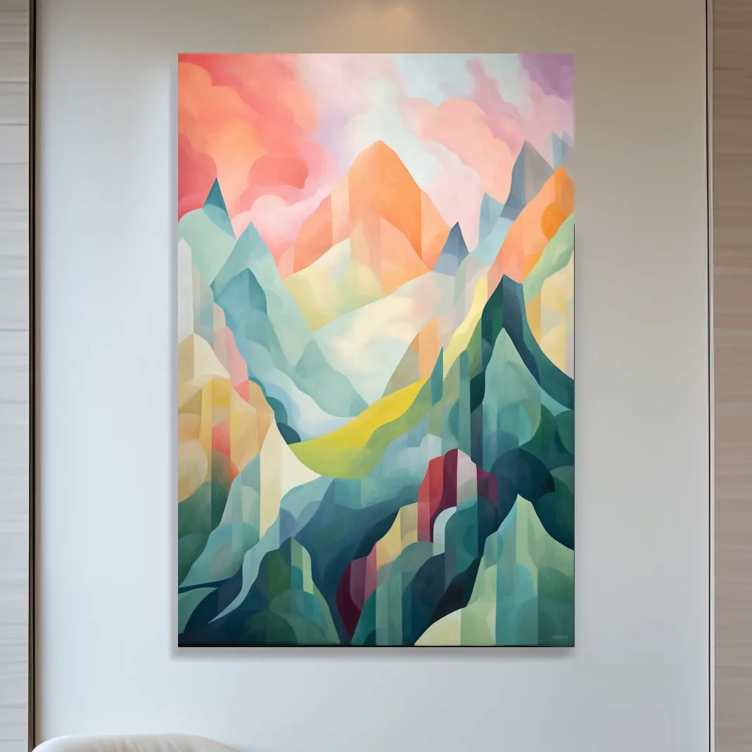 Vibrant Abstract Pastel Mountain Sunset - Geometric Watercolor Style Wall Art