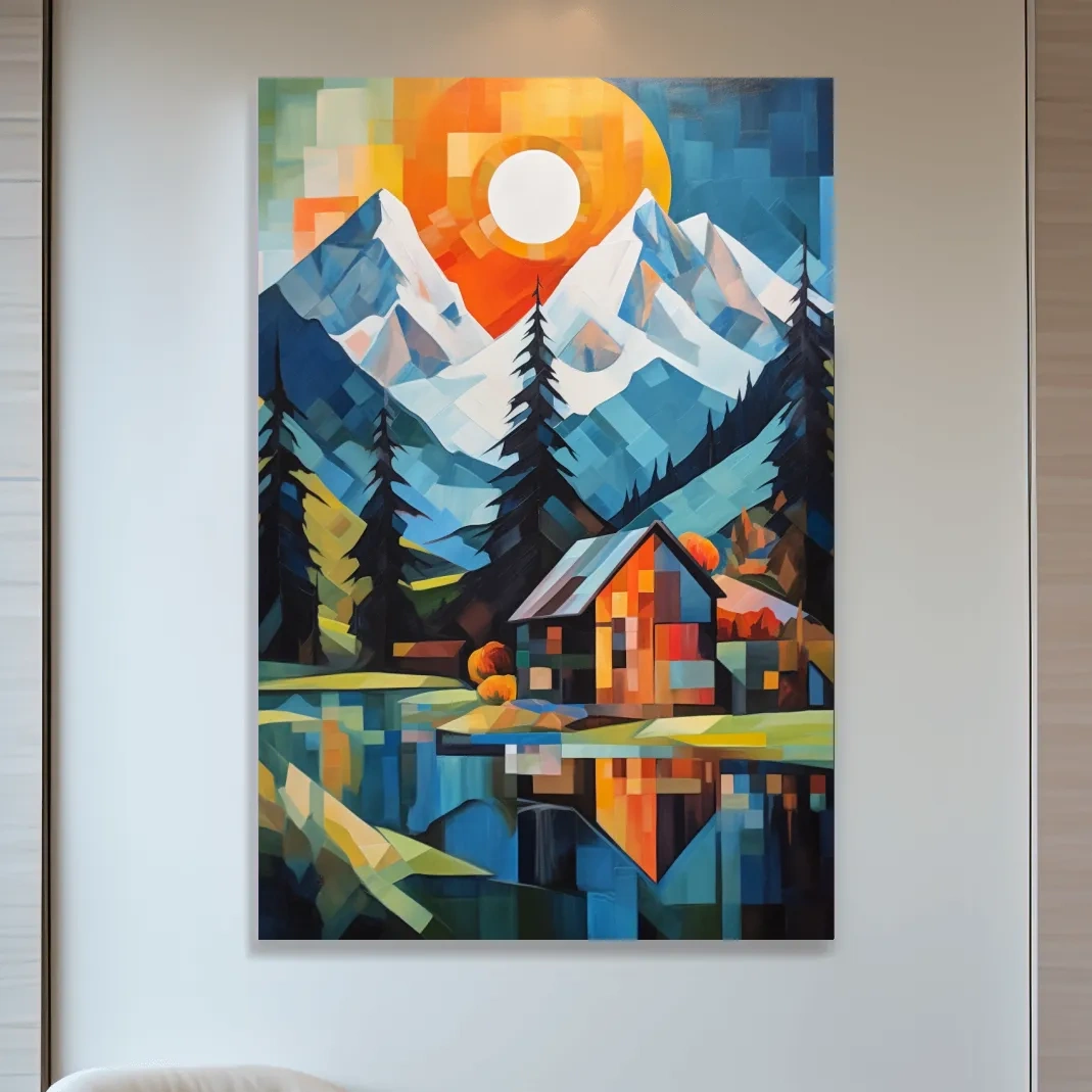 Geometric Alpine Cabin Lake Sunset - Vibrant Impressionist Mountain Wall Art