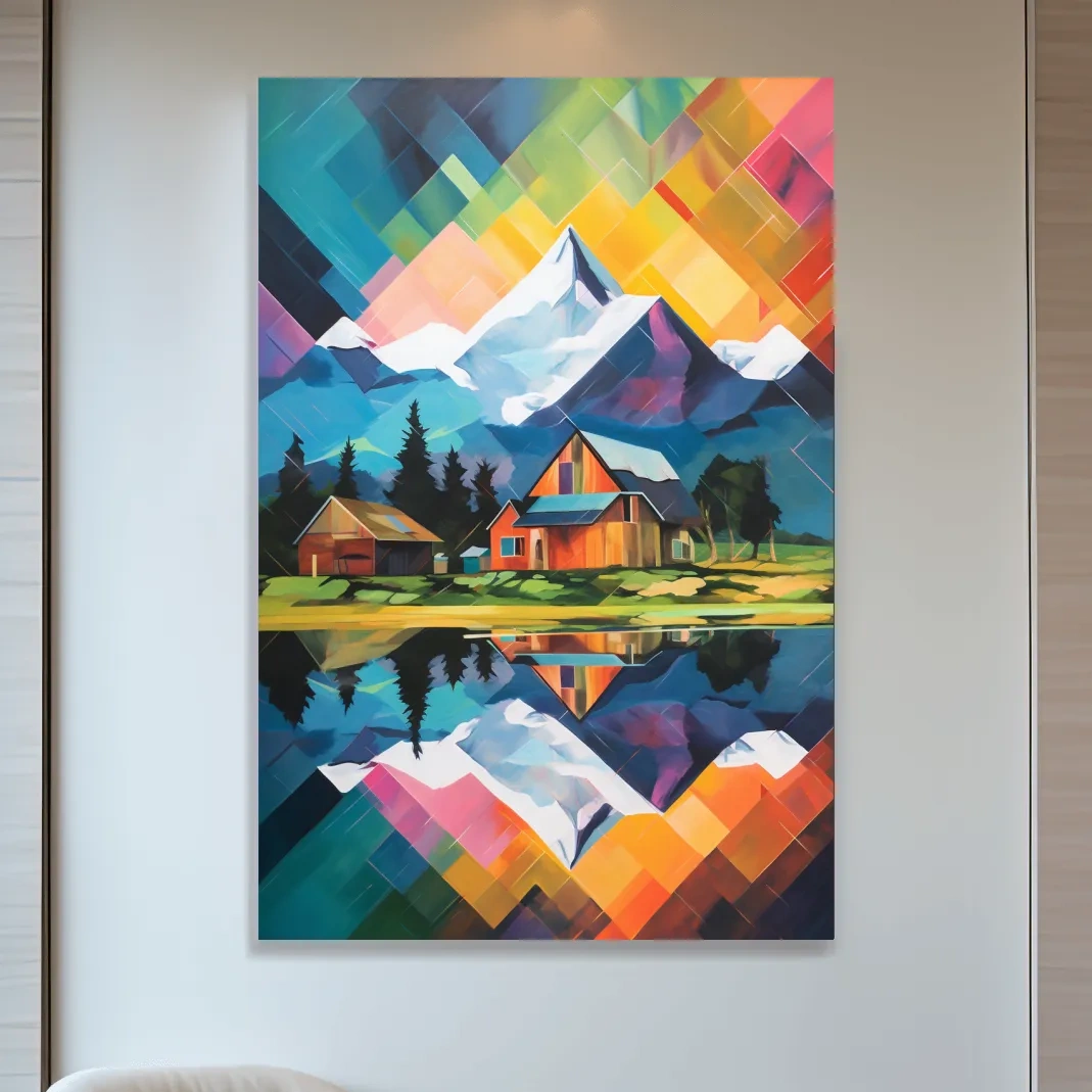 Vibrant abstract painting of a cabin by a glacier and lake