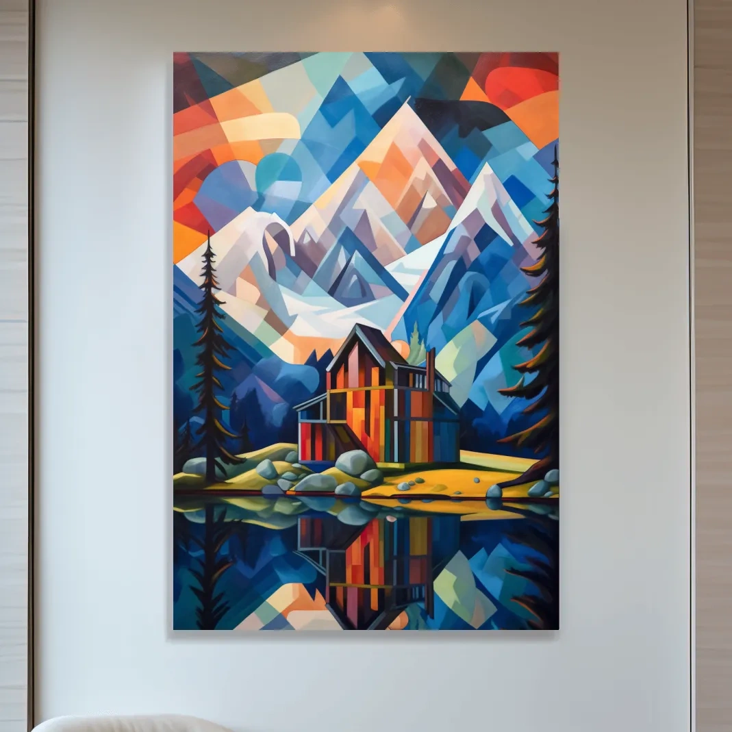 Abstract painting of a cabin by a lake