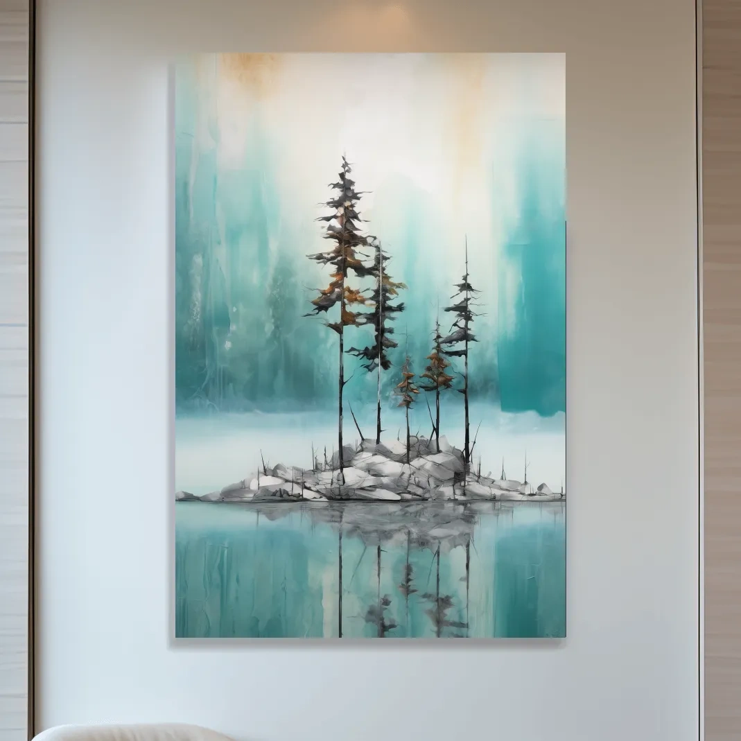 Abstract painting of trees by an alpine lake