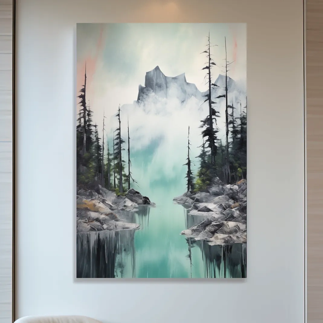 Misty Turquoise Alpine Lake Reflection - Watercolor Mountain Forest Wall Art