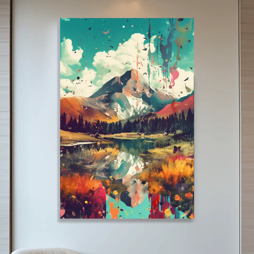 Colourful splattered abstract painting of a mountain and lake