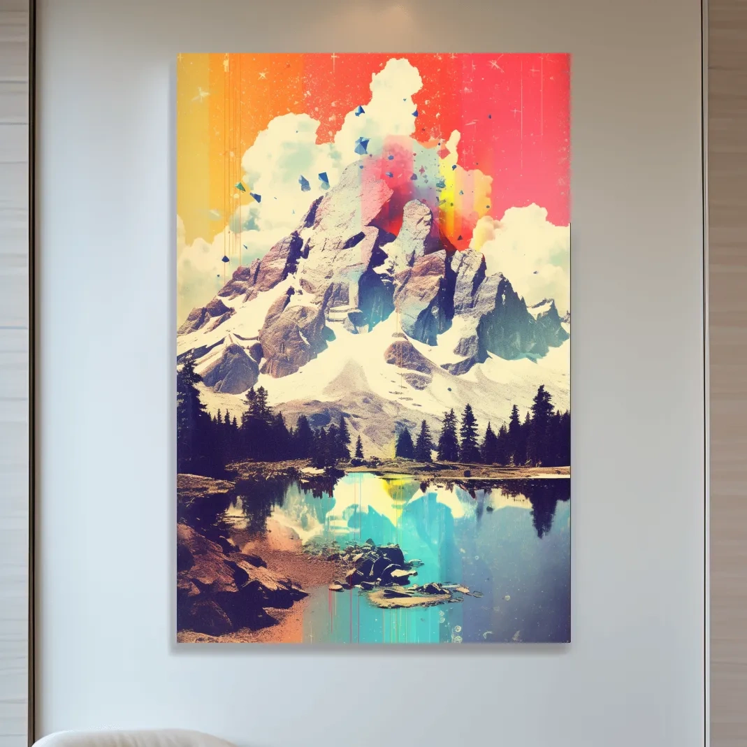 Colourful abstract painting of a mountain and lake