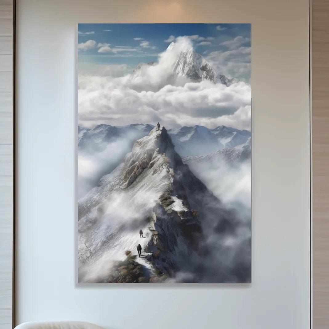 Painting of adventurers hiking up a ridge