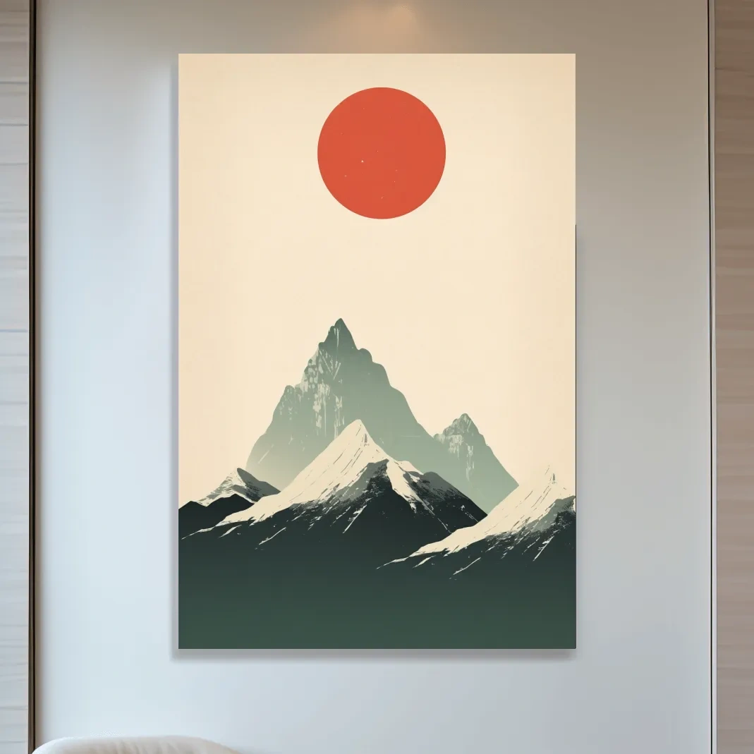 Japandi style minimalistic art of the sun over snow capped mountains