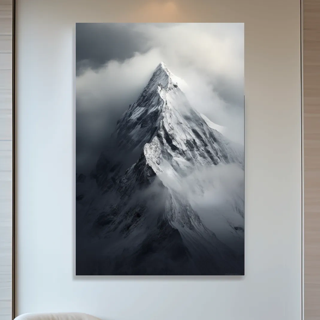 Photographic art, ominous snowy peak in the clouds