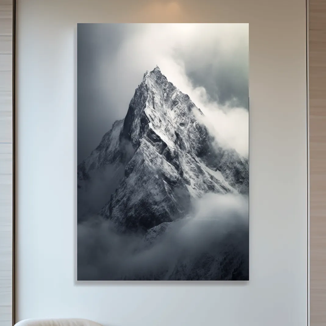 Photographic art, ominous snow capped mountain in the clouds