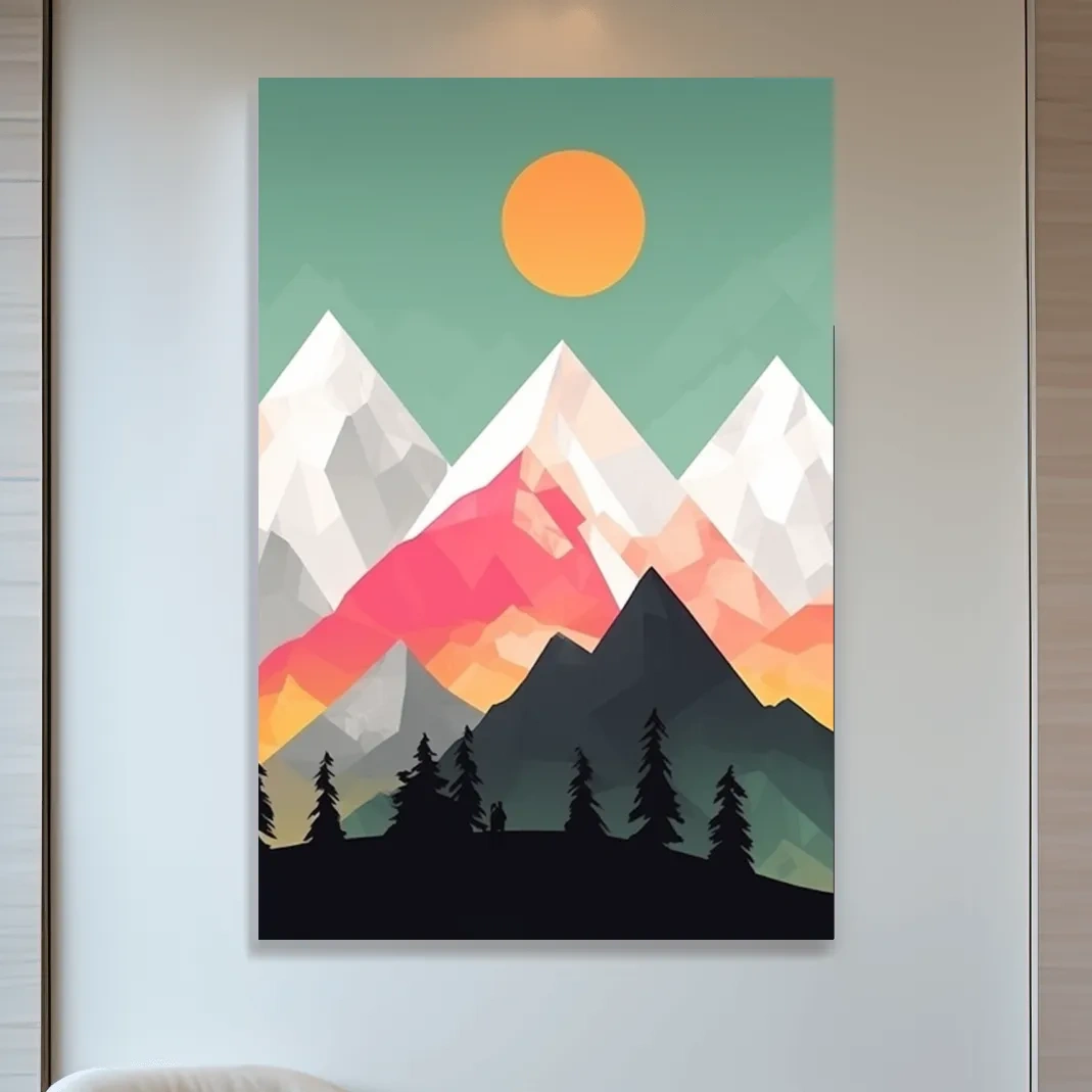 Simple flat colour 2d mountain art, colourful mountain ranges