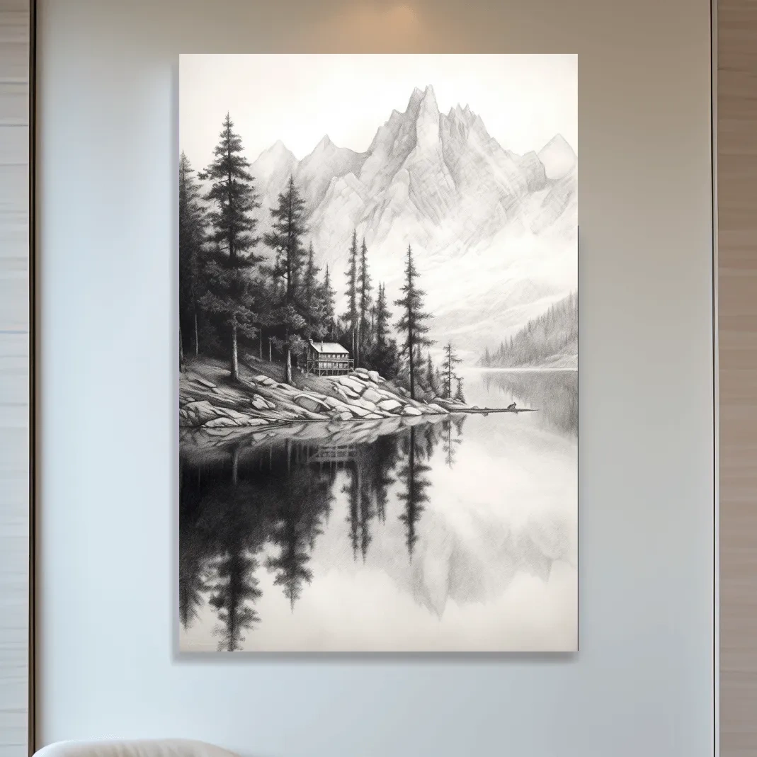 Lead pencil drawing of a cabin by an alpine lake