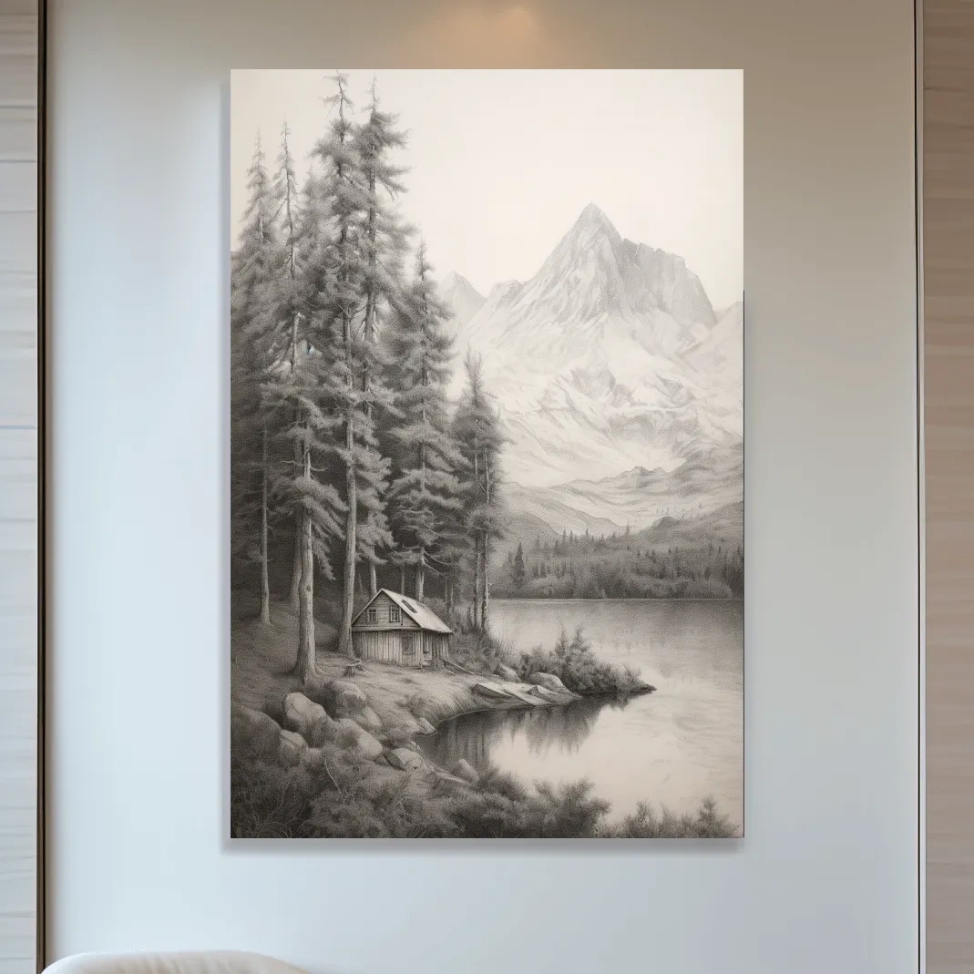 Lead pencil drawing of a cabin by an alpine lake