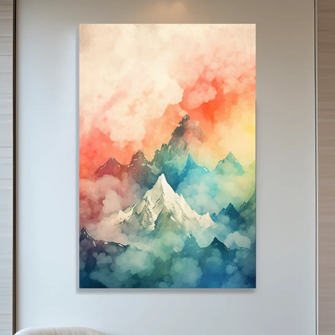 Colourful watercolour painting of a mountain landscape